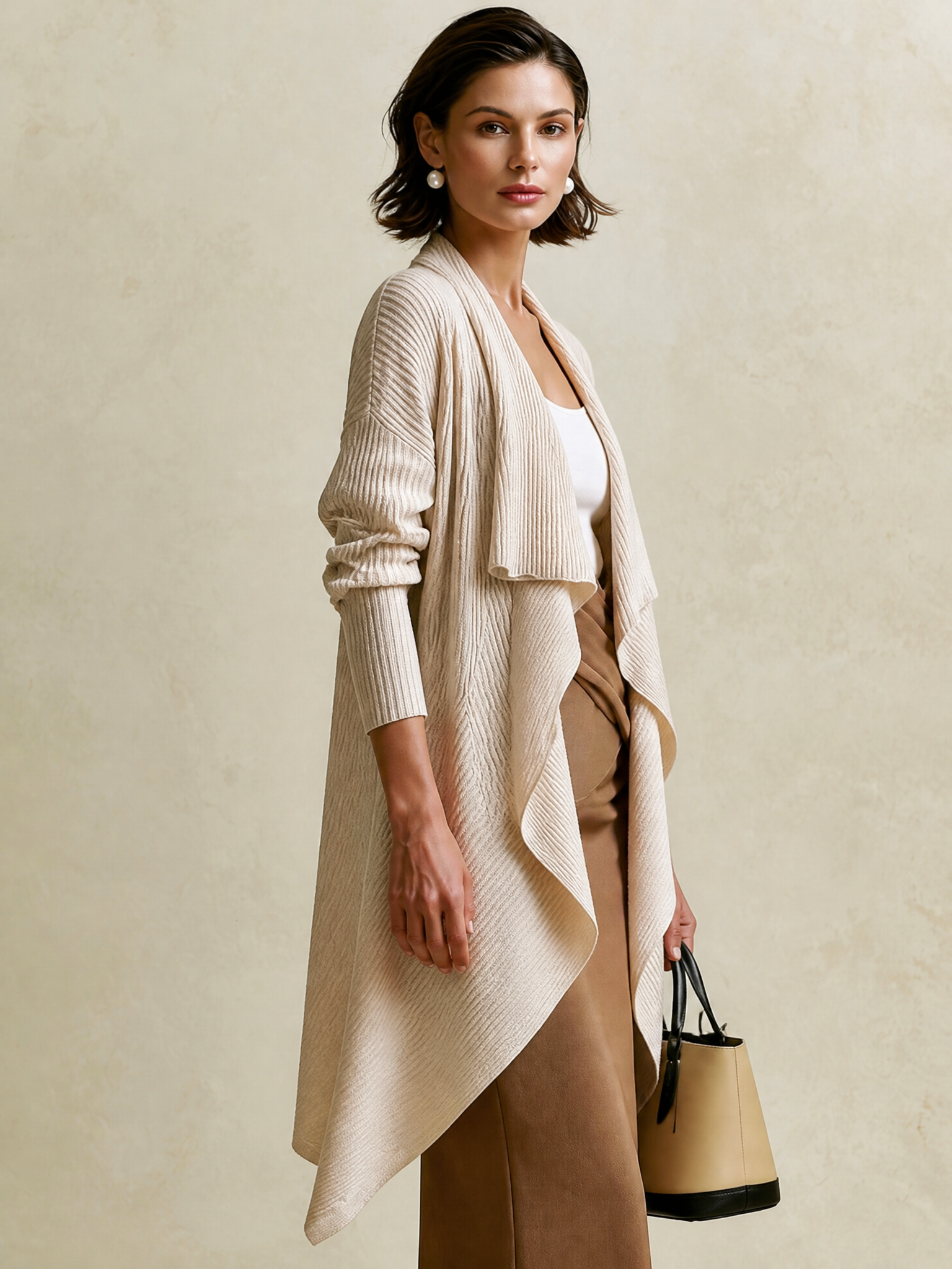 Elegant Cream Rib Wide Lapel Draped Midi Knit Cardigan