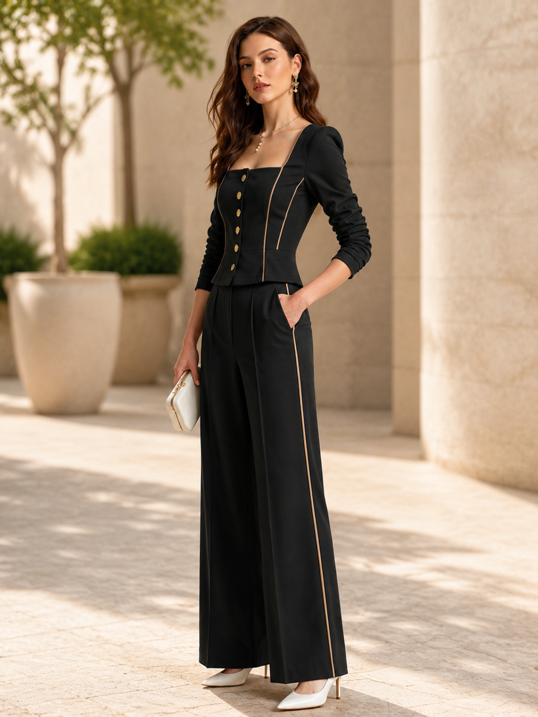 Elegant Black Contrast Piping Square Neck Top & Wide Leg Pants Set
