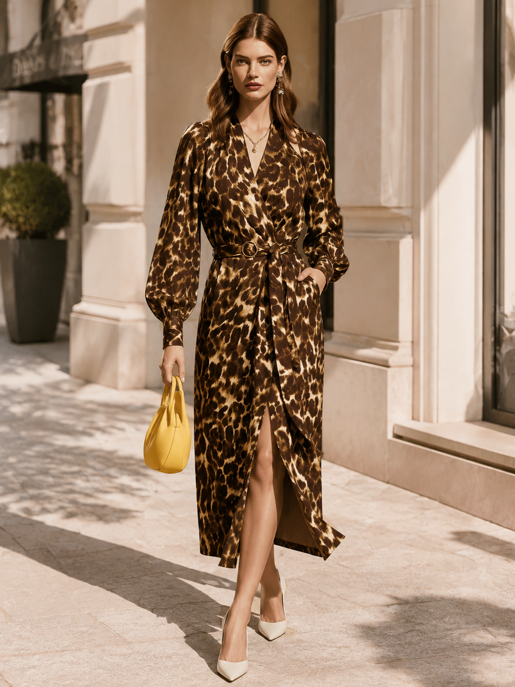 Elegant Leopard Print V-Neck Long Sleeve Midi Dress