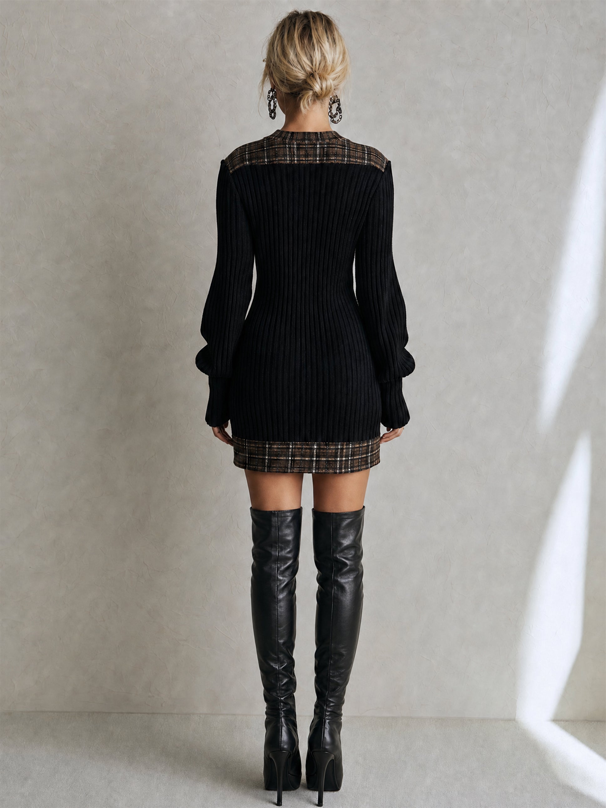 Plaid Panel Contrast Ribbed Knit Mini Dress Sweater Dress