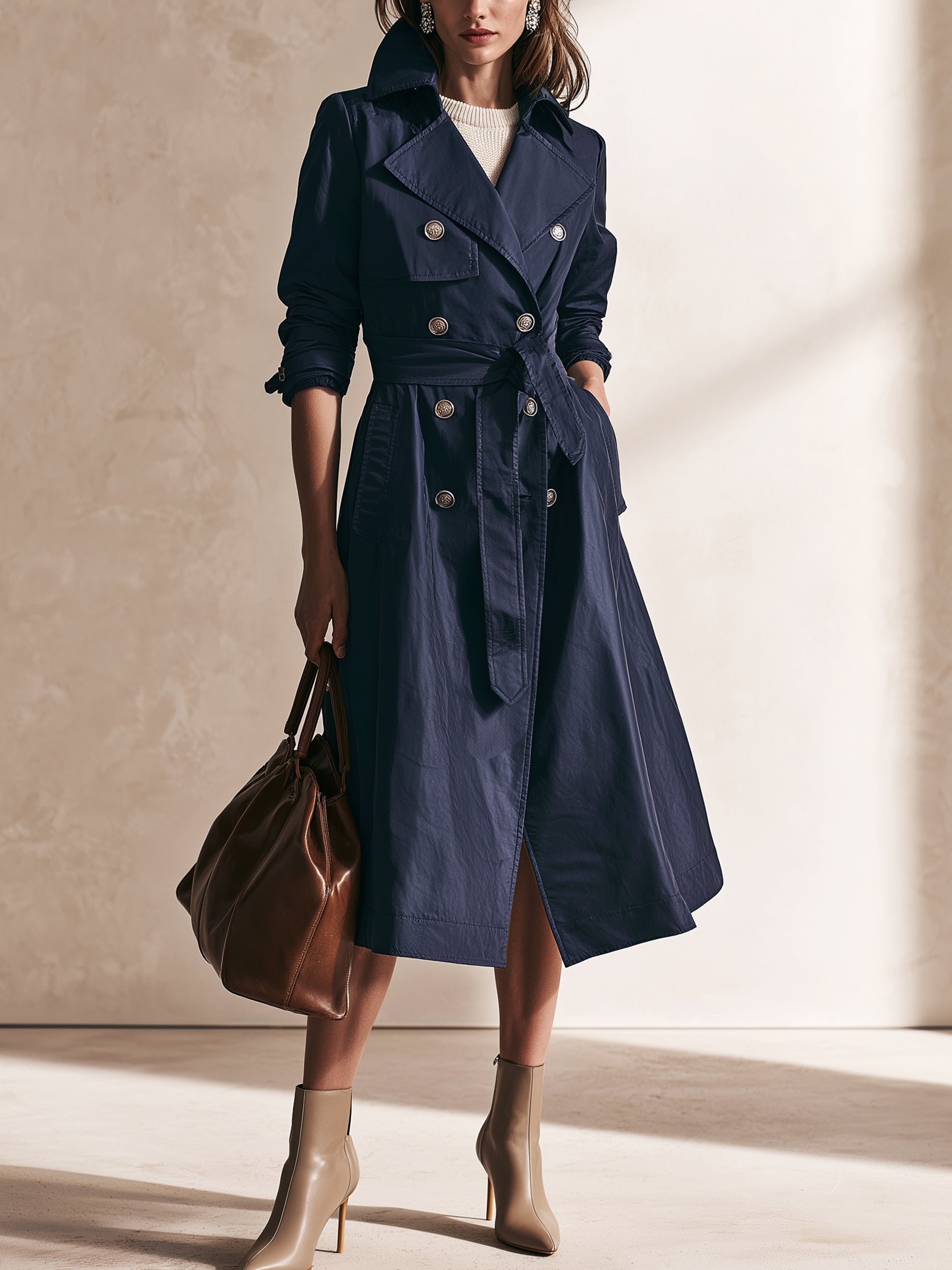 Navy Tailored Double-Breasted Belted Trench Coat Windbreaker