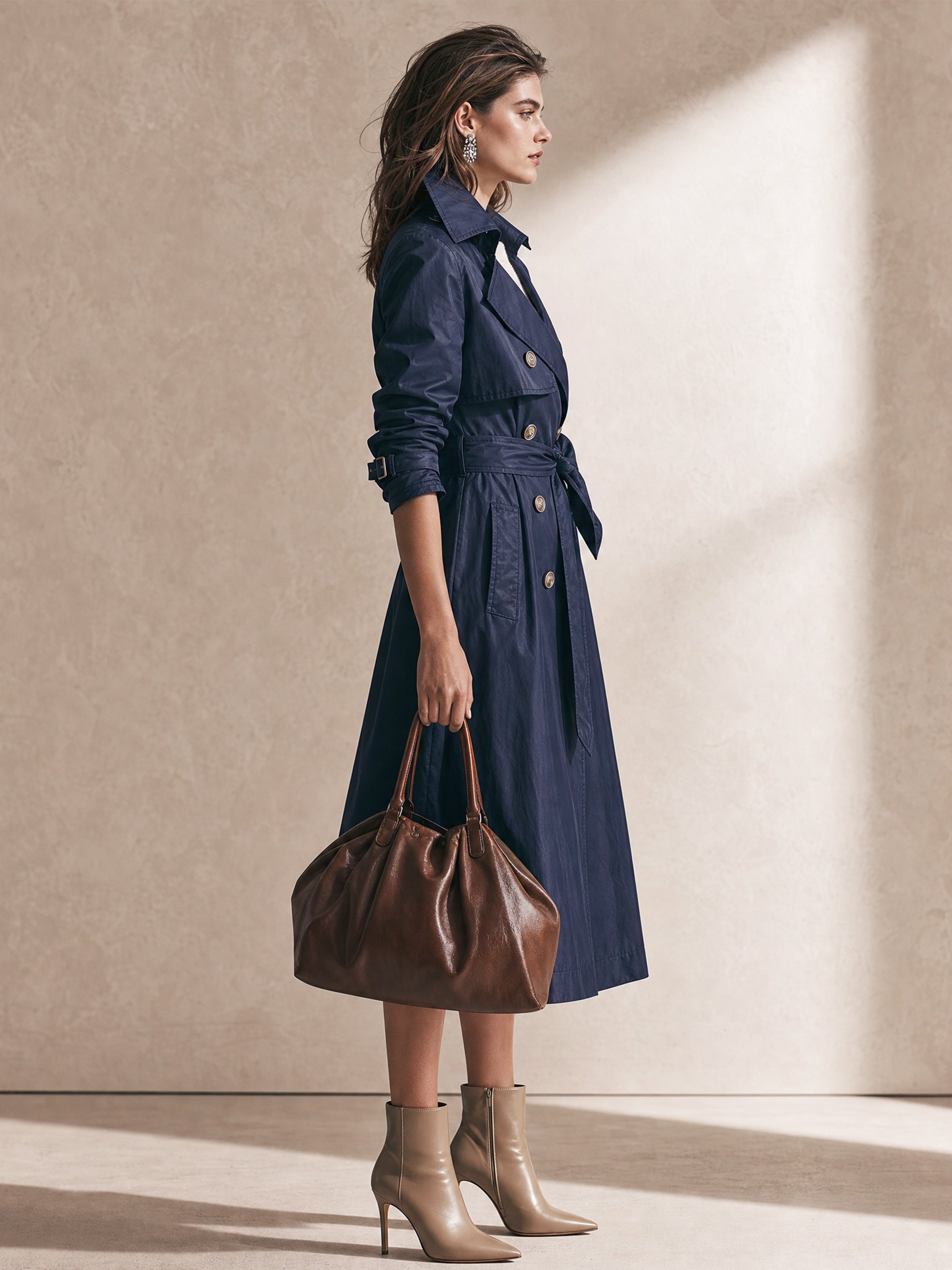 Navy Tailored Double-Breasted Belted Trench Coat Windbreaker