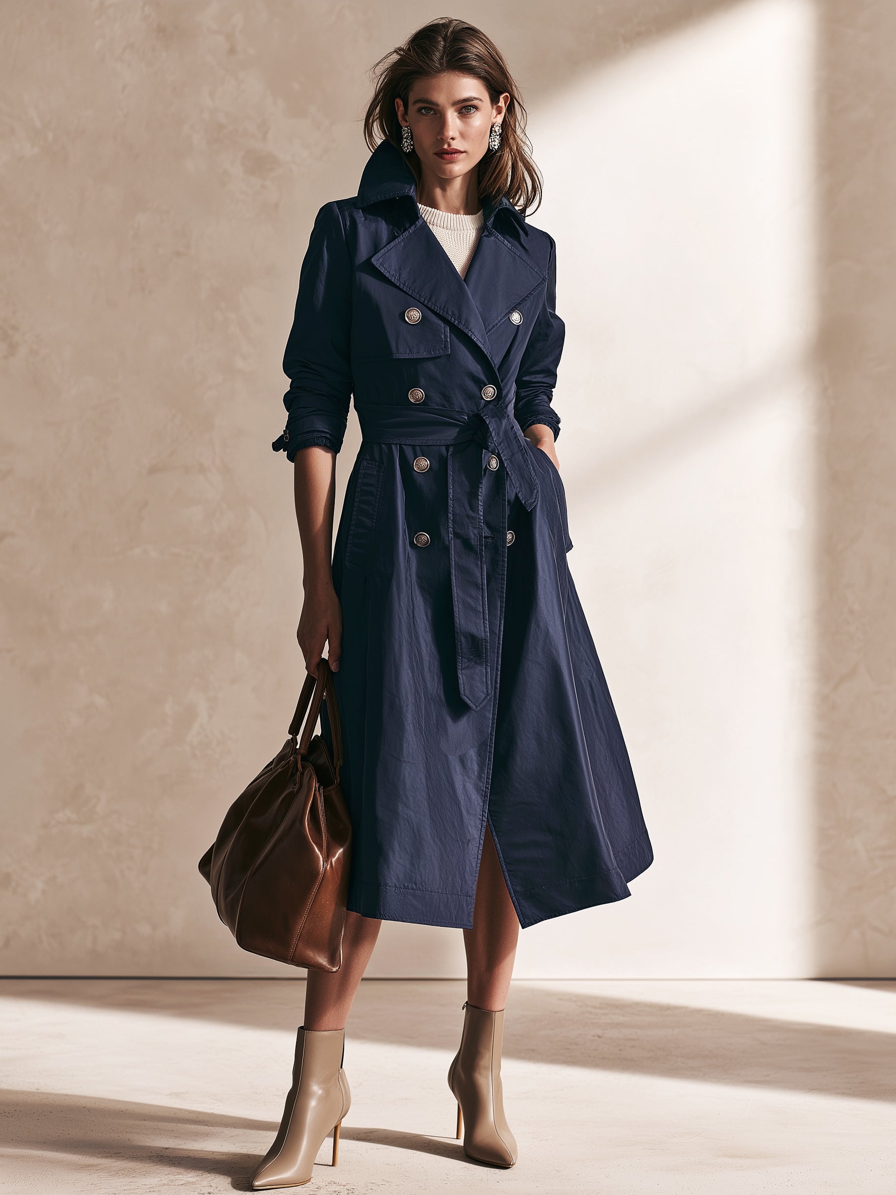 Navy Tailored Double-Breasted Belted Trench Coat Windbreaker
