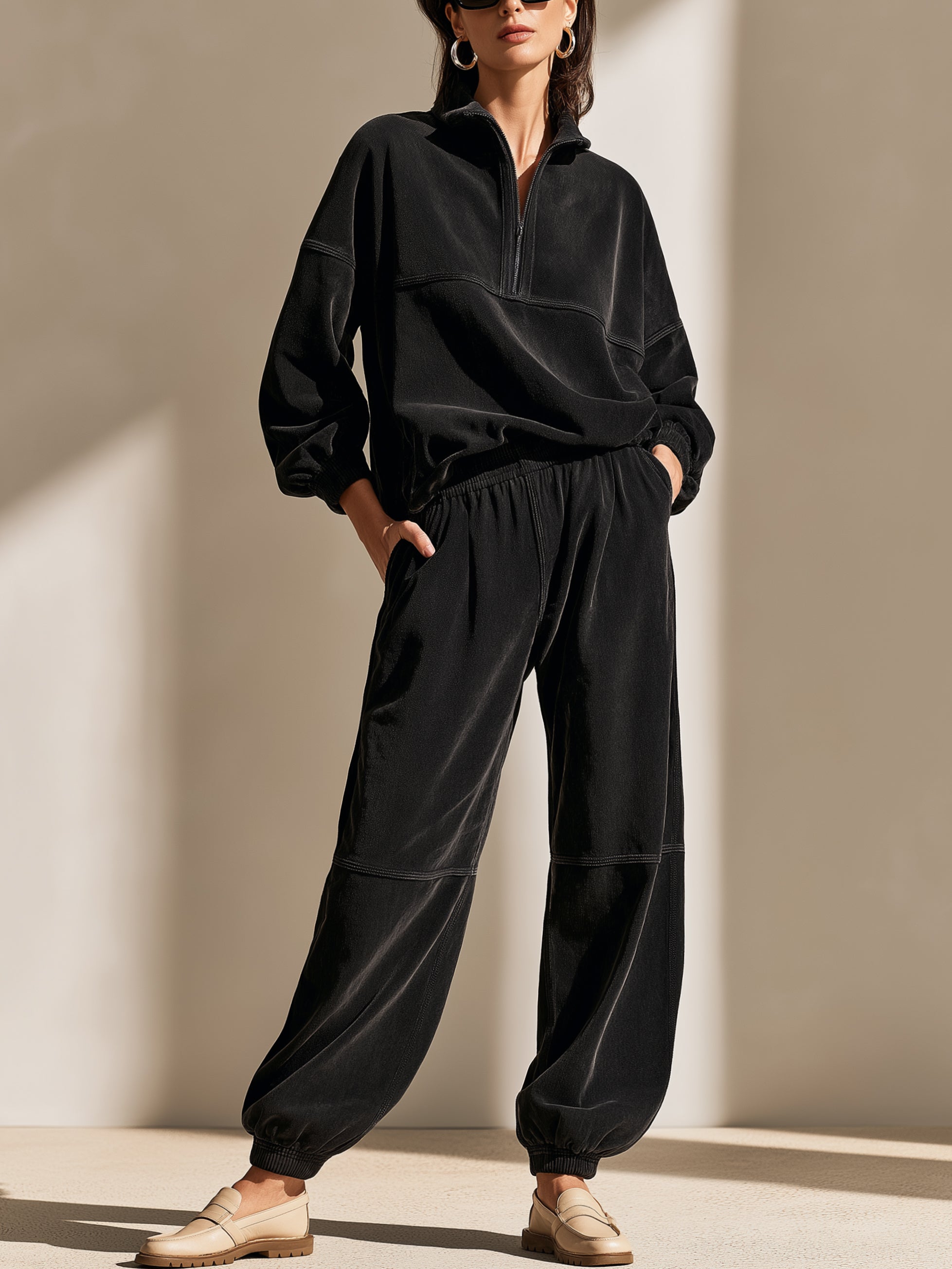Vintage Half-Zip Pullover&Wide Leg Pants Set
