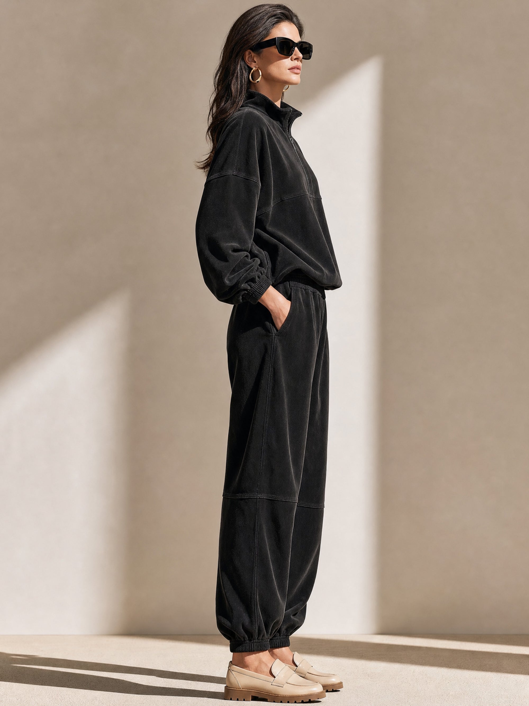 Vintage Half-Zip Pullover&Wide Leg Pants Set