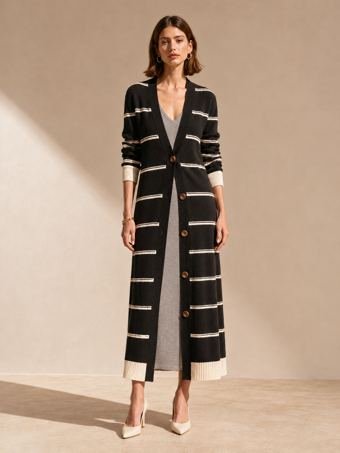 Black And White Color-Block Striped Long Knit Cardigan