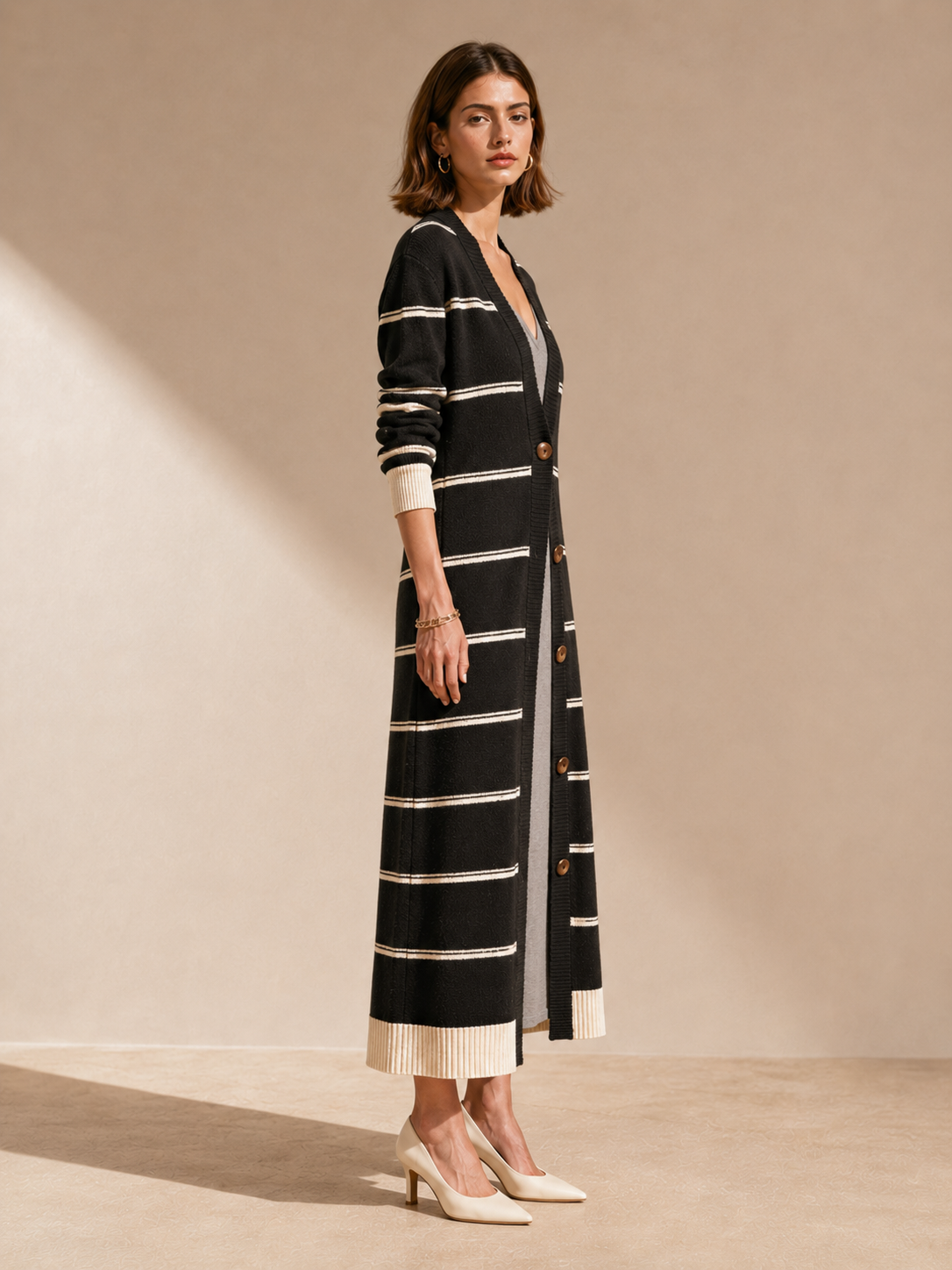 Black And White Color-Block Striped Long Knit Cardigan