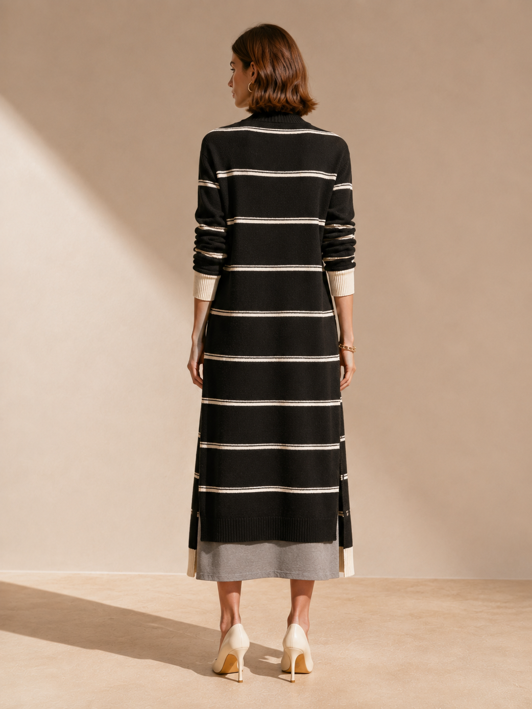 Black And White Color-Block Striped Long Knit Cardigan