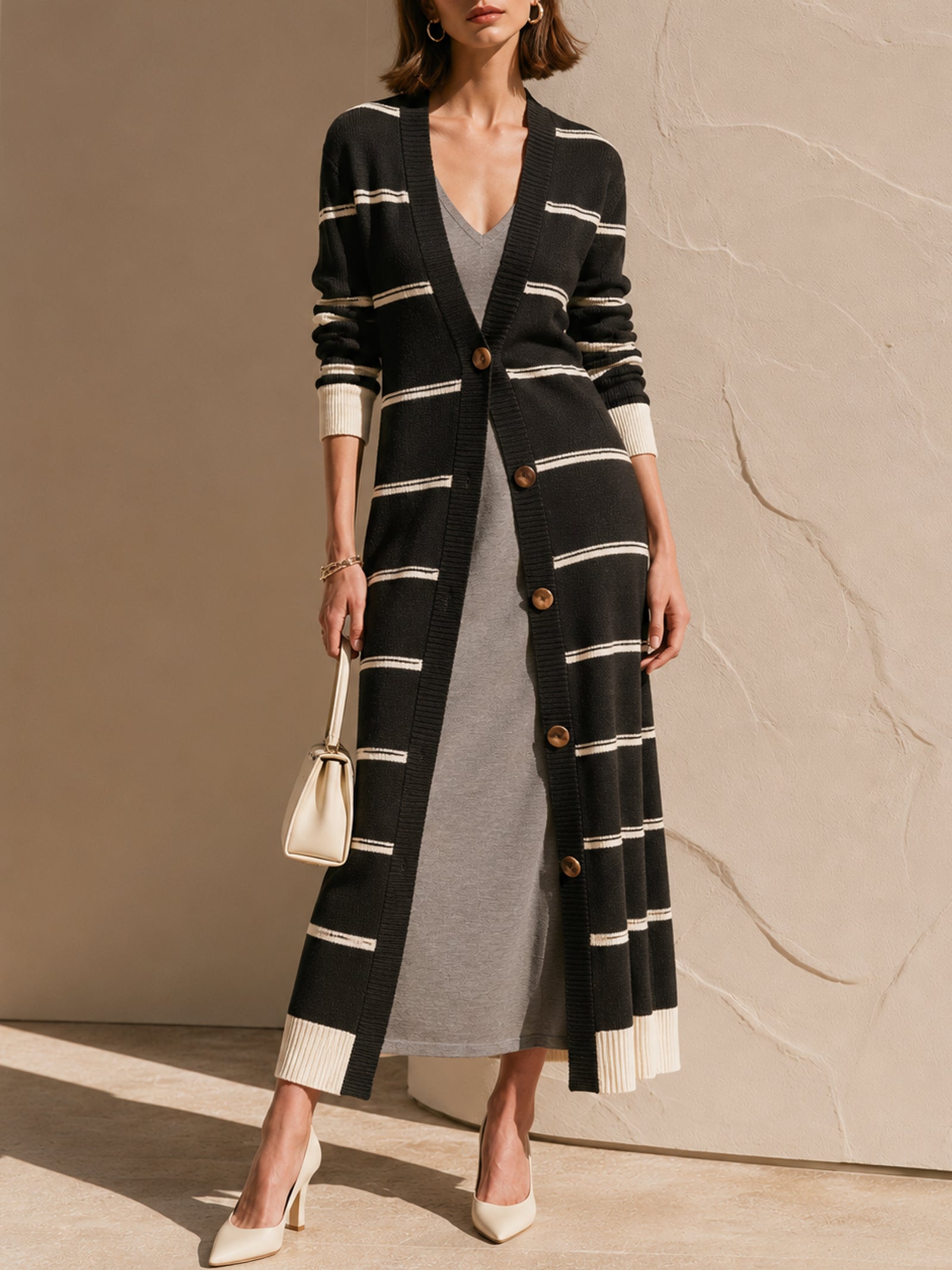 Black And White Color-Block Striped Long Knit Cardigan