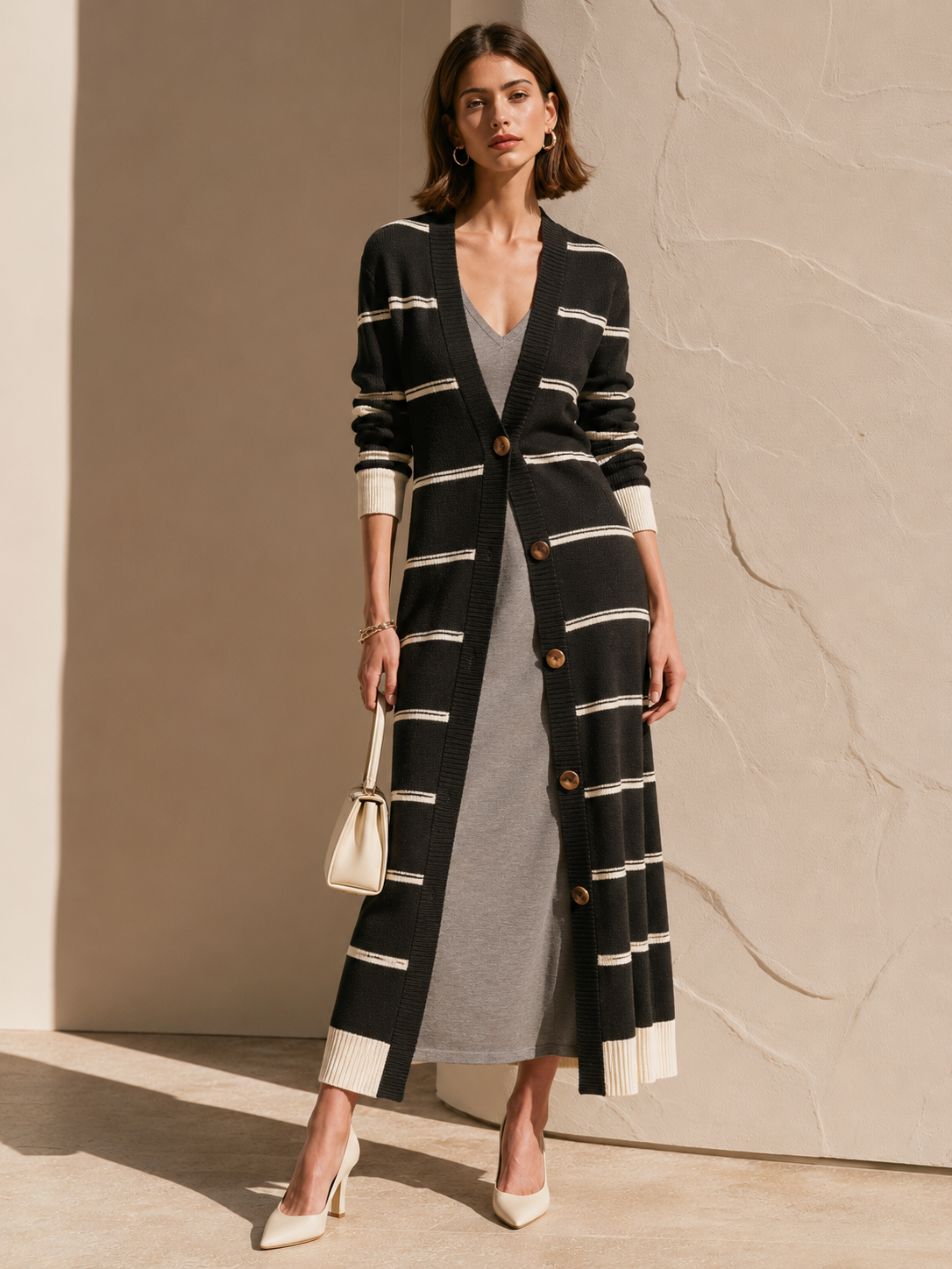 Black And White Color-Block Striped Long Knit Cardigan