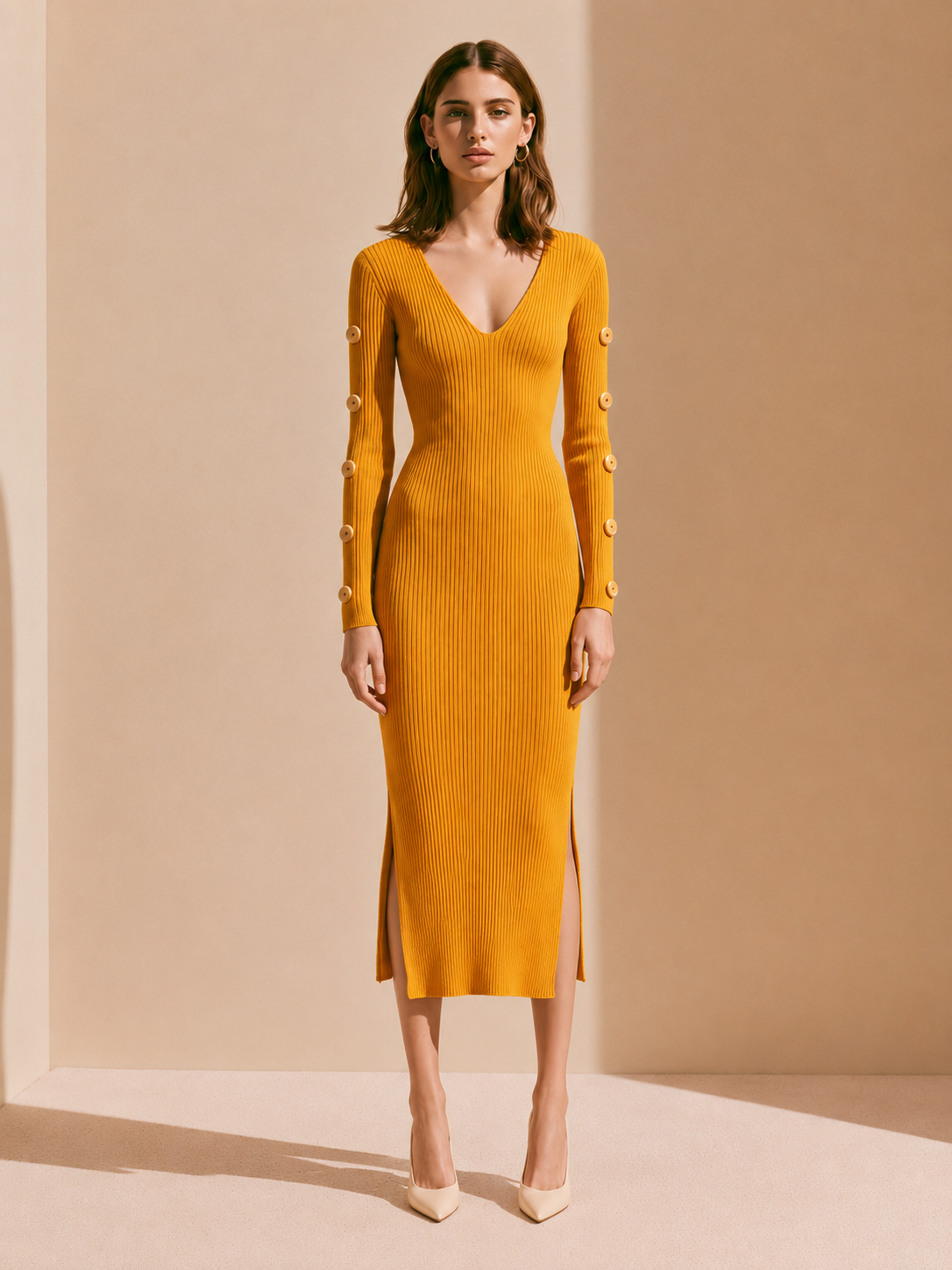 Elegant Yellow Knitted Dress With Button Detailing