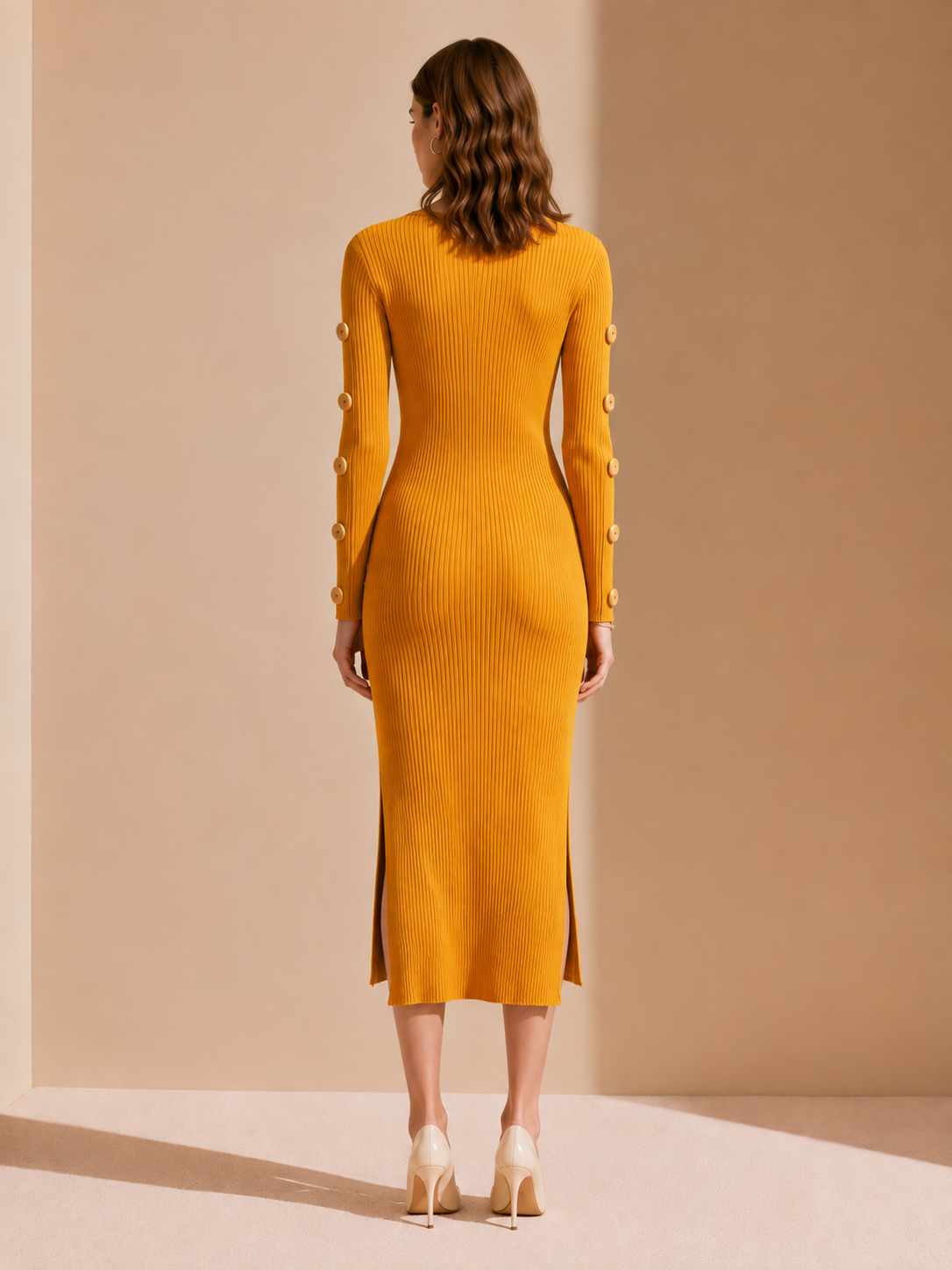 Elegant Yellow Knitted Dress With Button Detailing