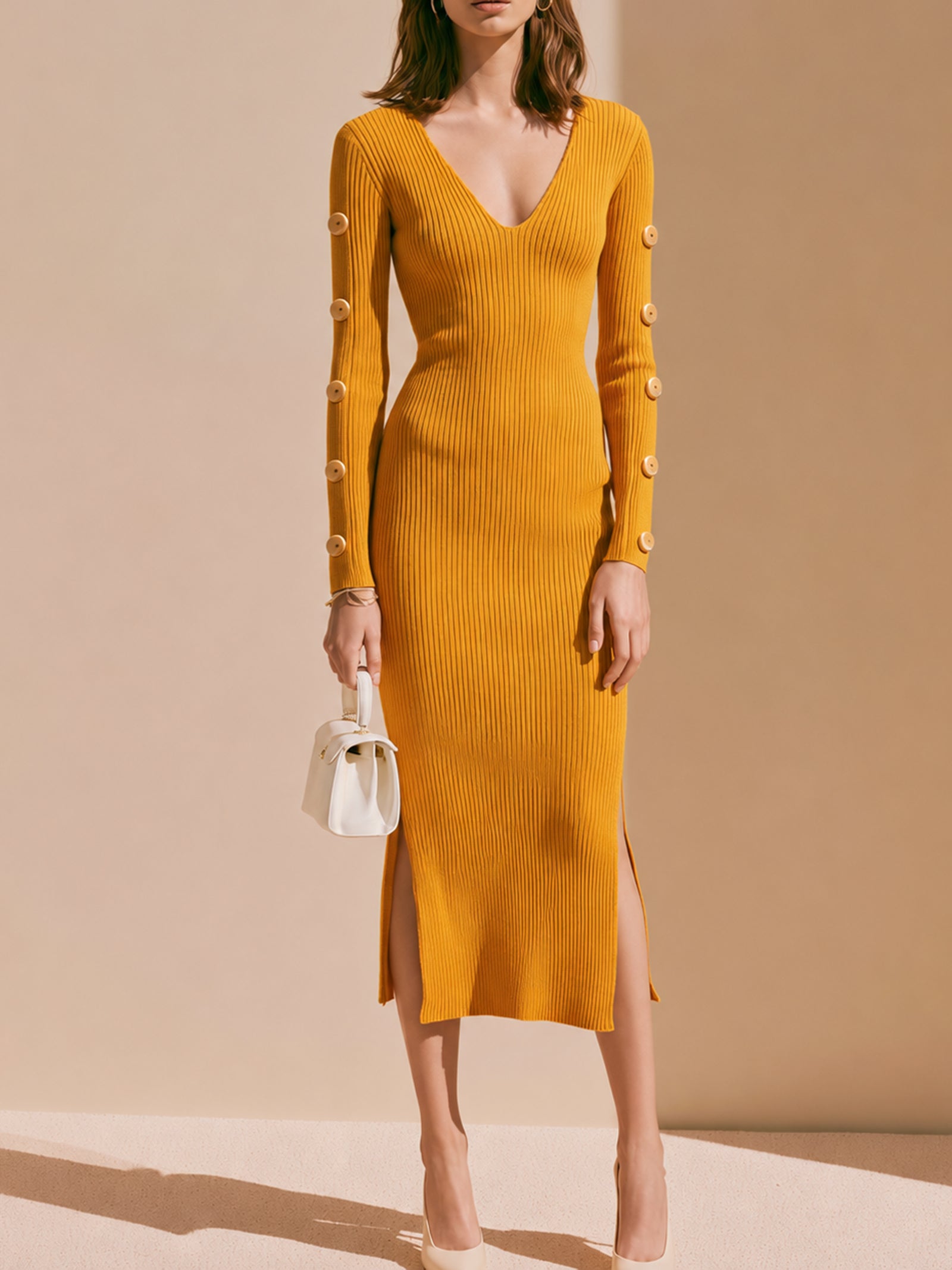 Elegant Yellow Knitted Dress With Button Detailing