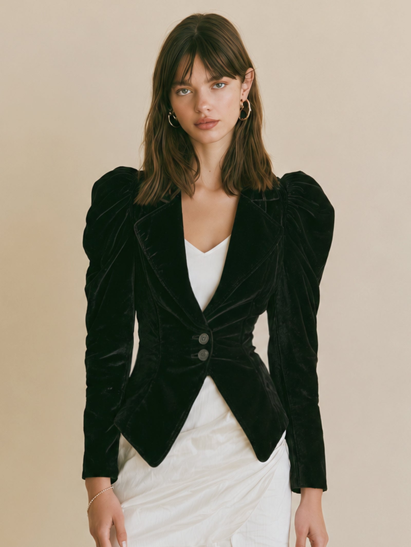 Elegant Black Velvet V-neck Slim-fit Two-button Blazer