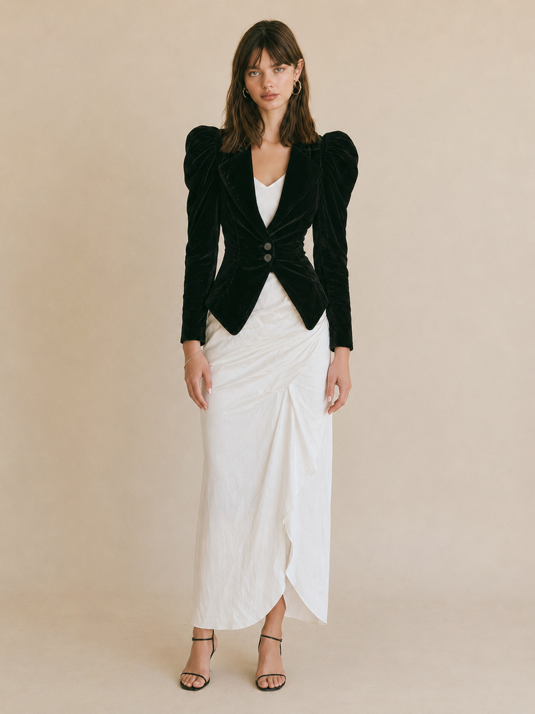 Elegant Black Velvet V-neck Slim-fit Two-button Blazer