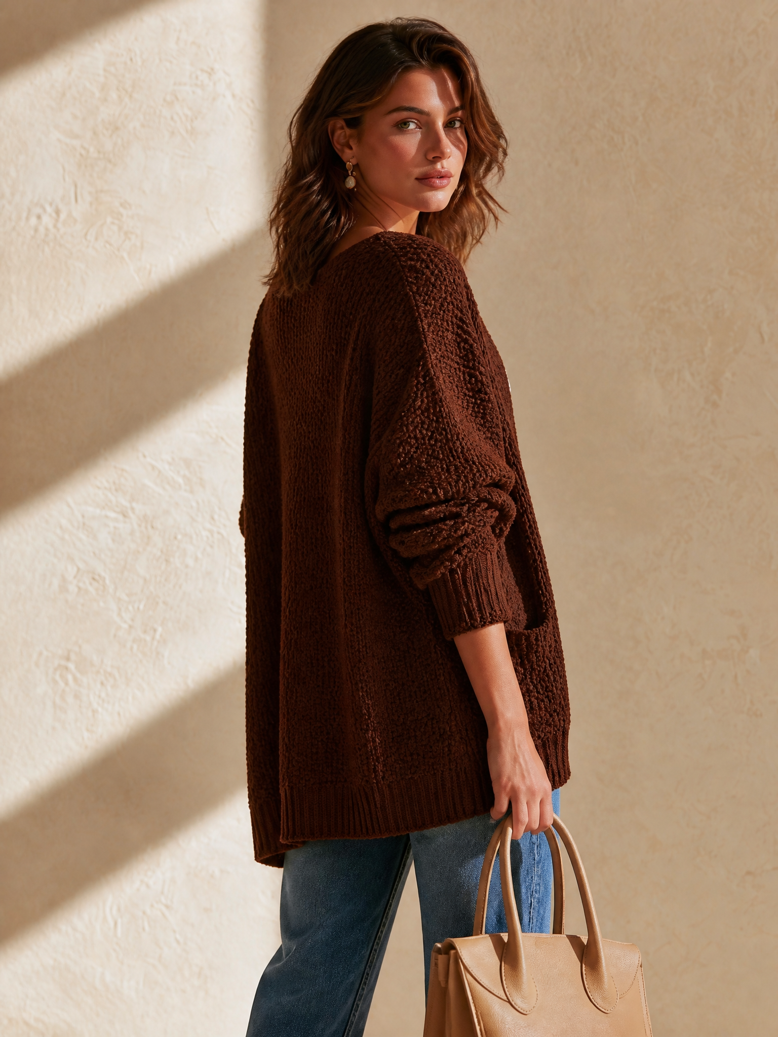 Chocolate Open Knit Oversized Long Sleeve Cardigan Jacket