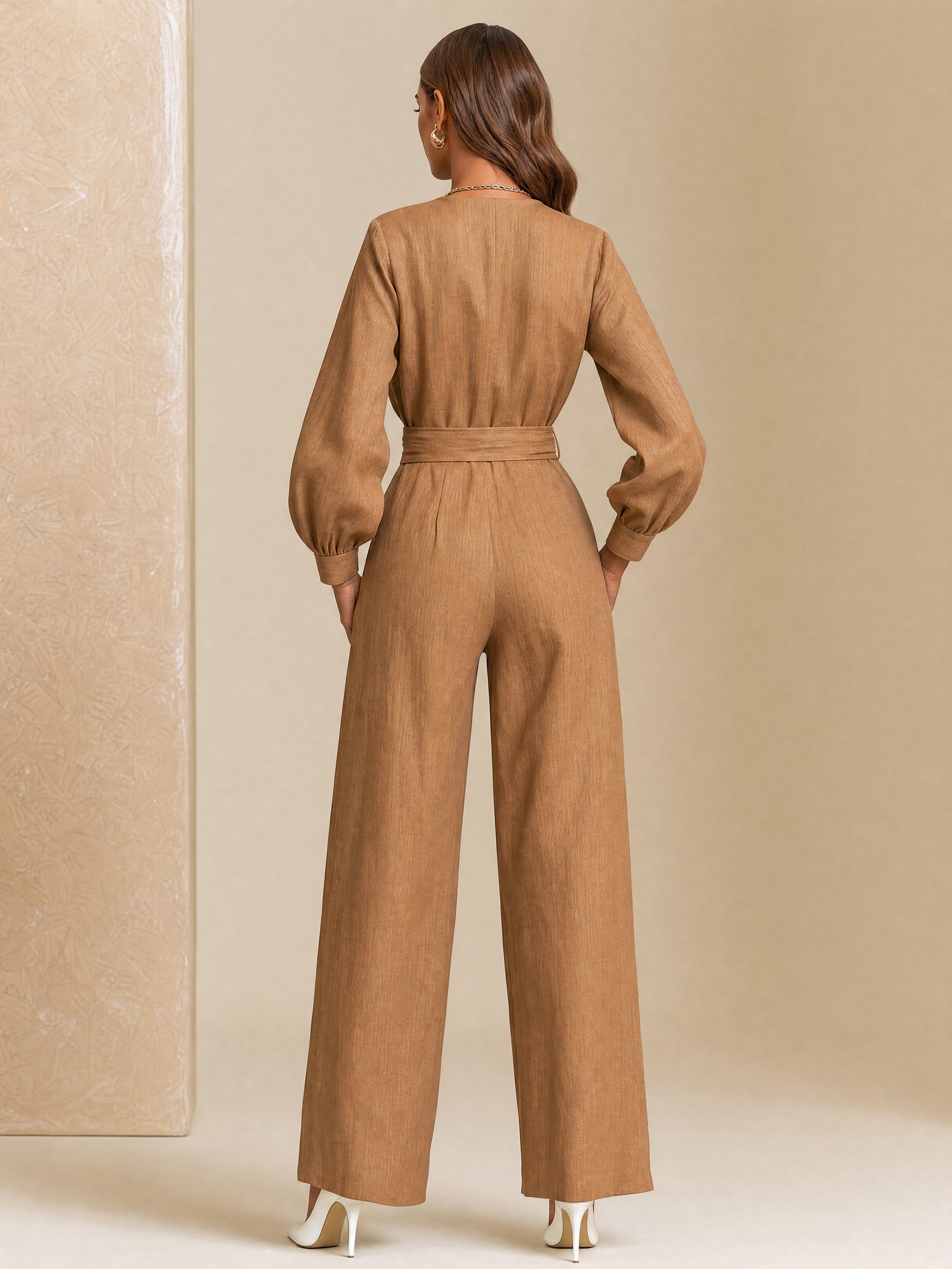 Elegant Brown V-Neck Waist-Defined Wide Leg Jumpsuit