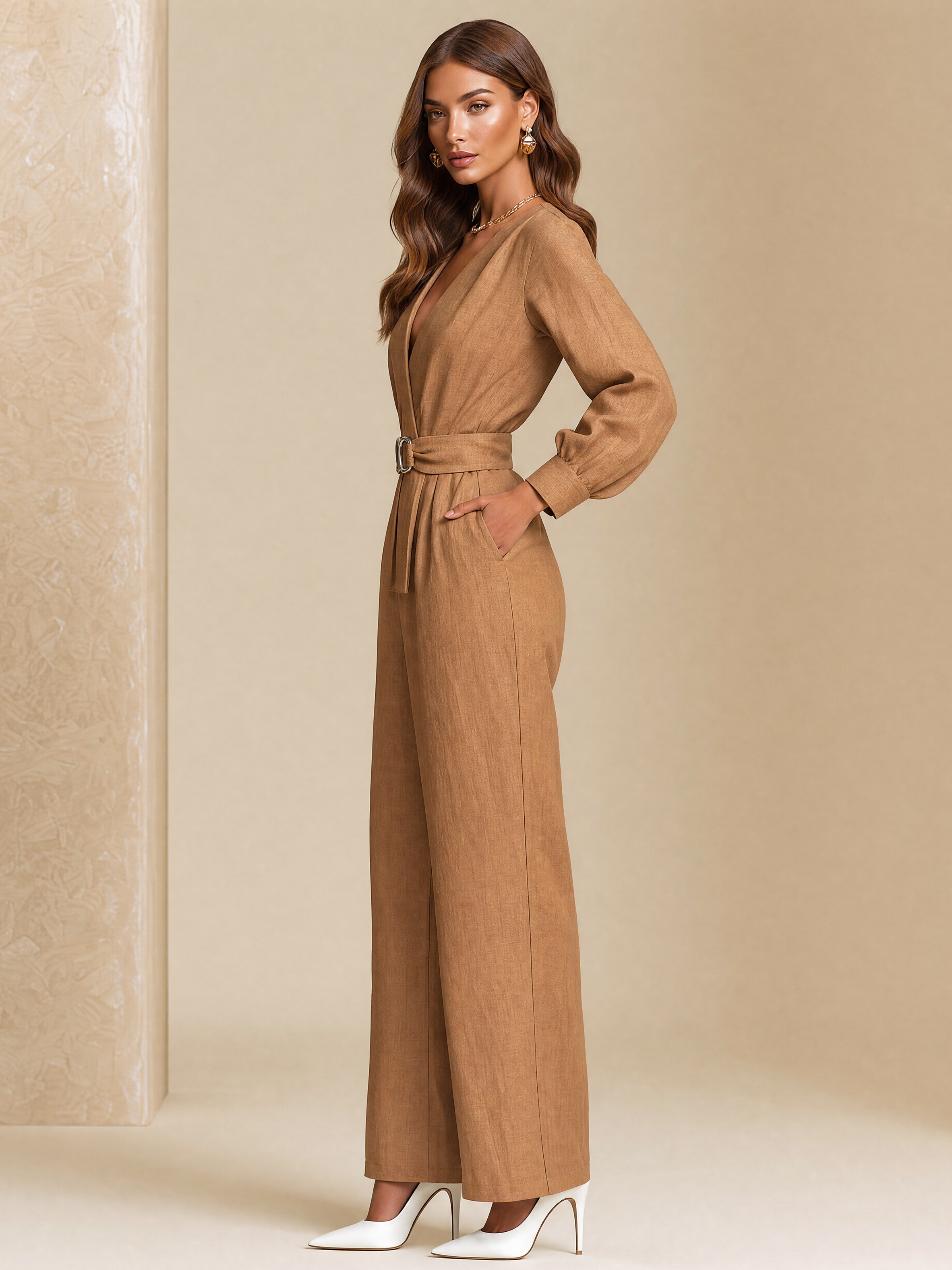 Elegant Brown V-Neck Waist-Defined Wide Leg Jumpsuit