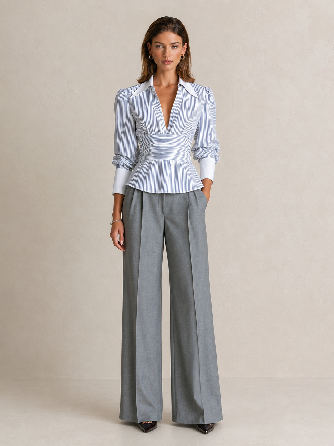Elegant Blue And White Striped Shirt With Faux Collar And Cinched Waist
