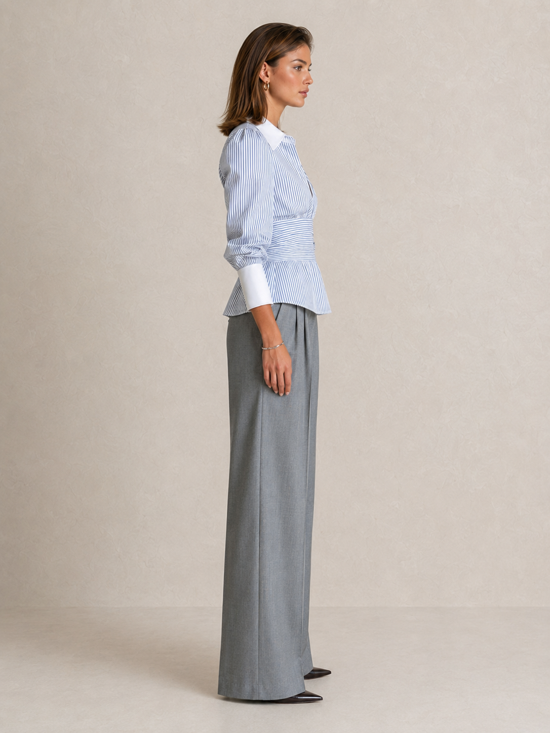 Elegant Blue And White Striped Shirt With Faux Collar And Cinched Waist