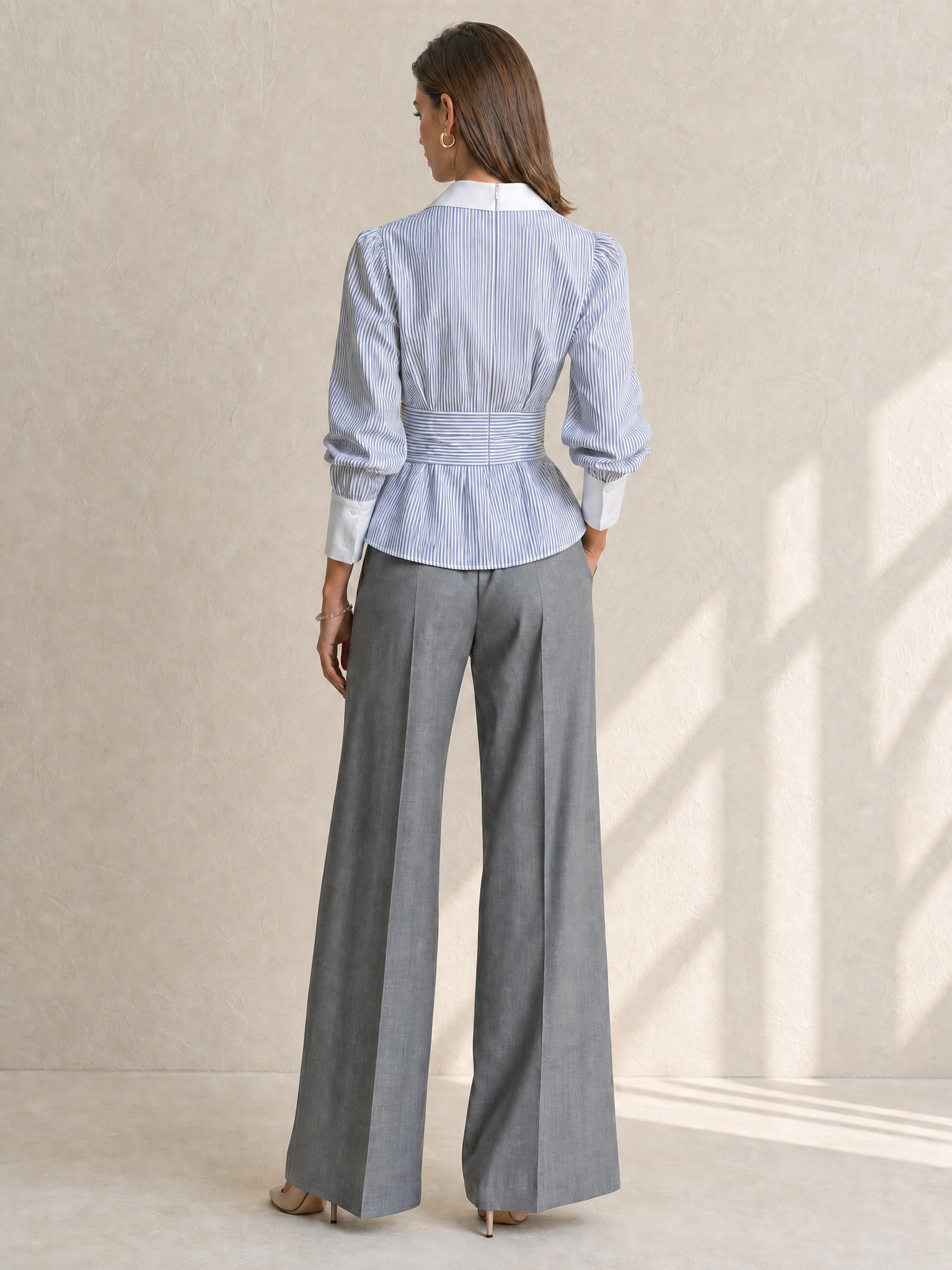 Elegant Blue And White Striped Shirt With Faux Collar And Cinched Waist