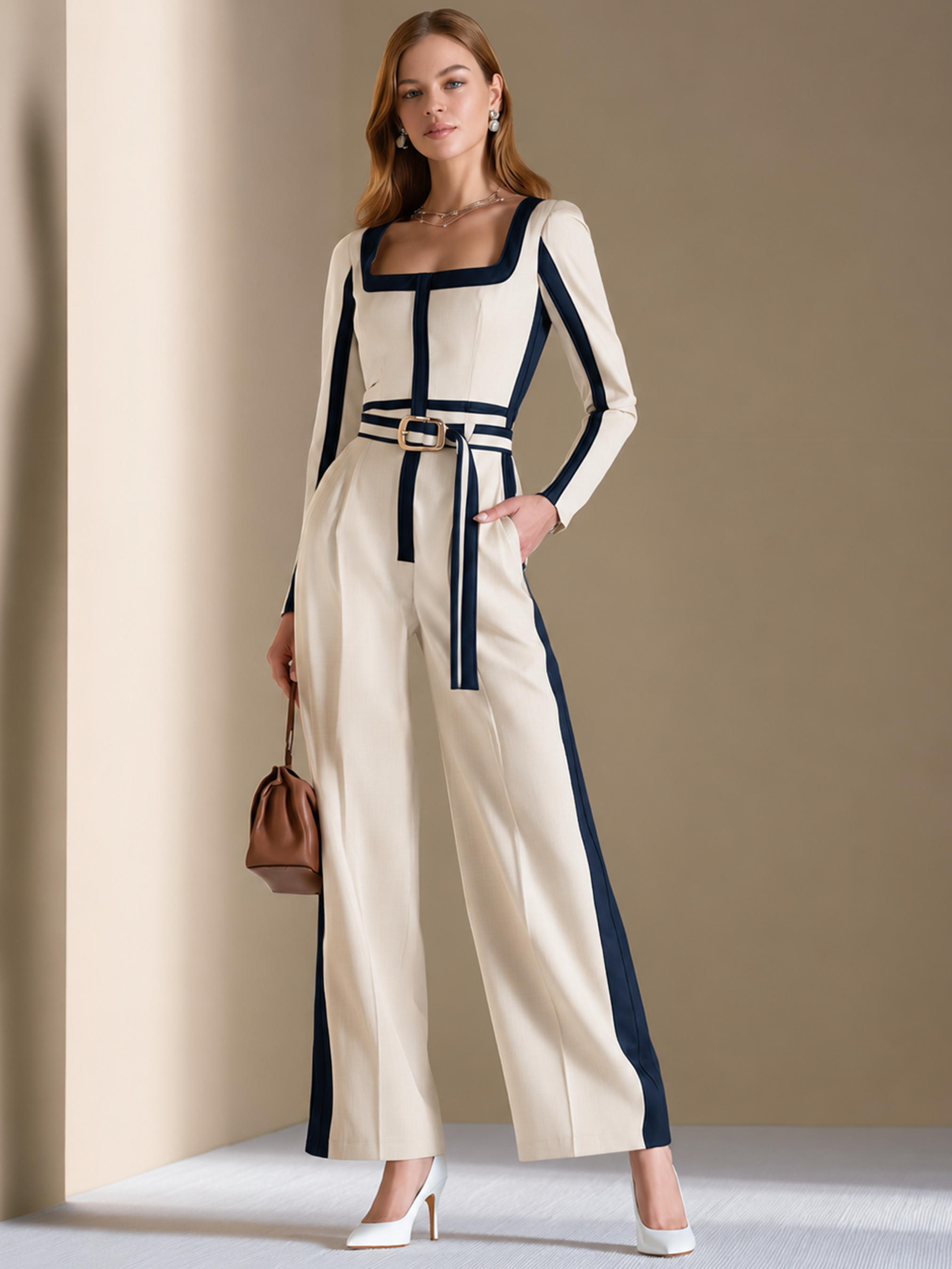 Elegant White & Navy Contrast Trim Square Neck Jumpsuit