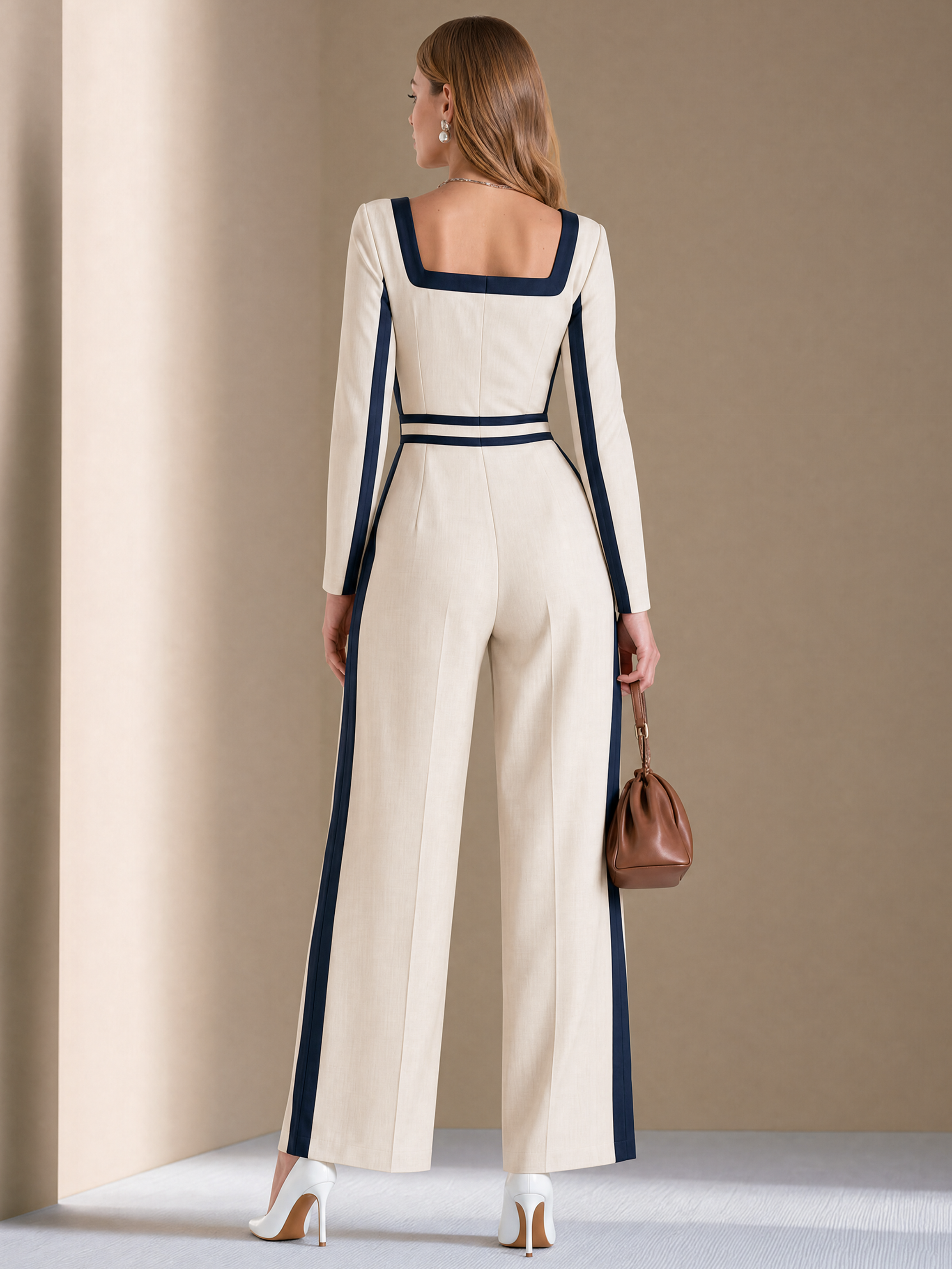 Elegant White & Navy Contrast Trim Square Neck Jumpsuit