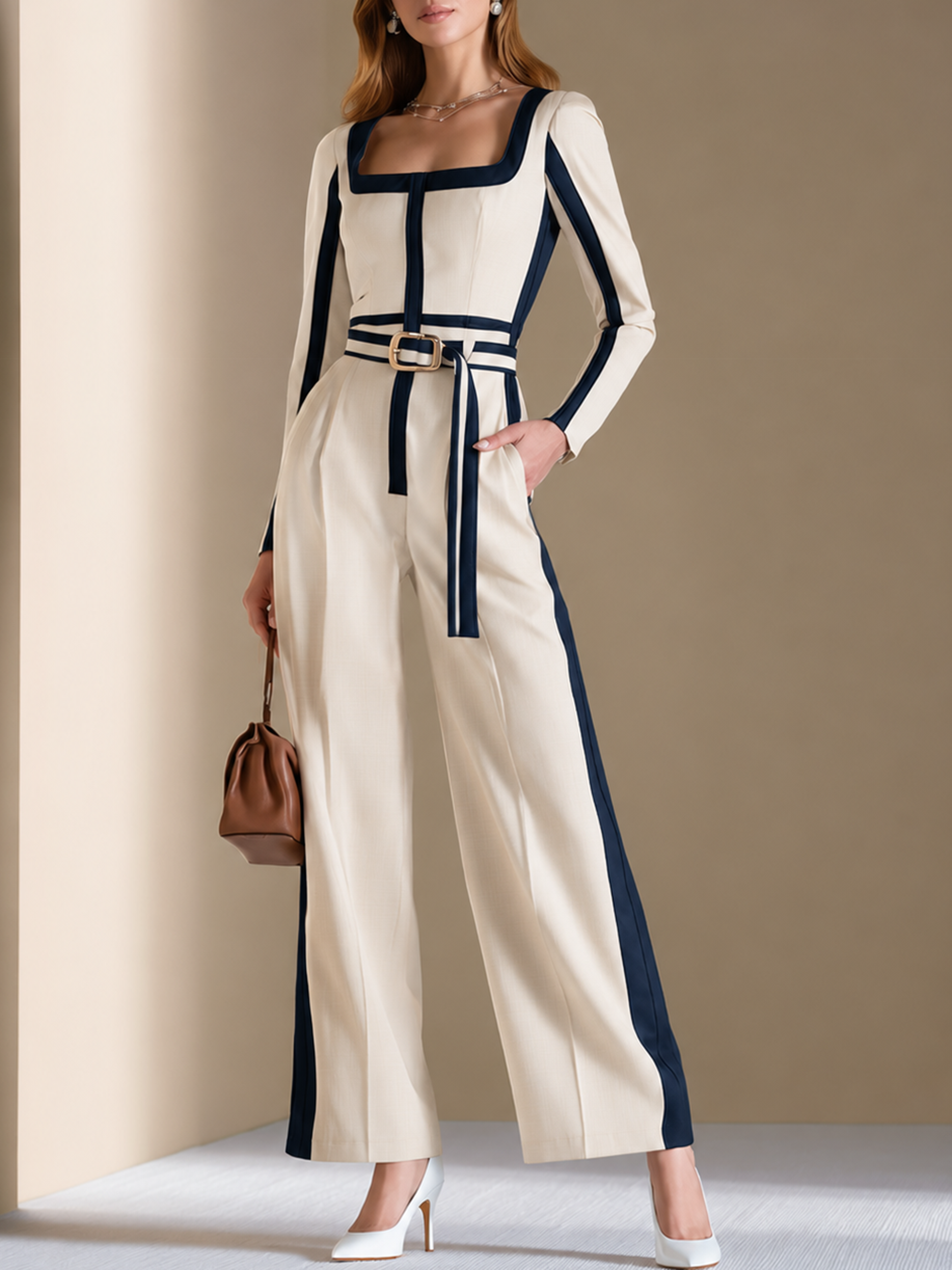 Elegant White & Navy Contrast Trim Square Neck Jumpsuit