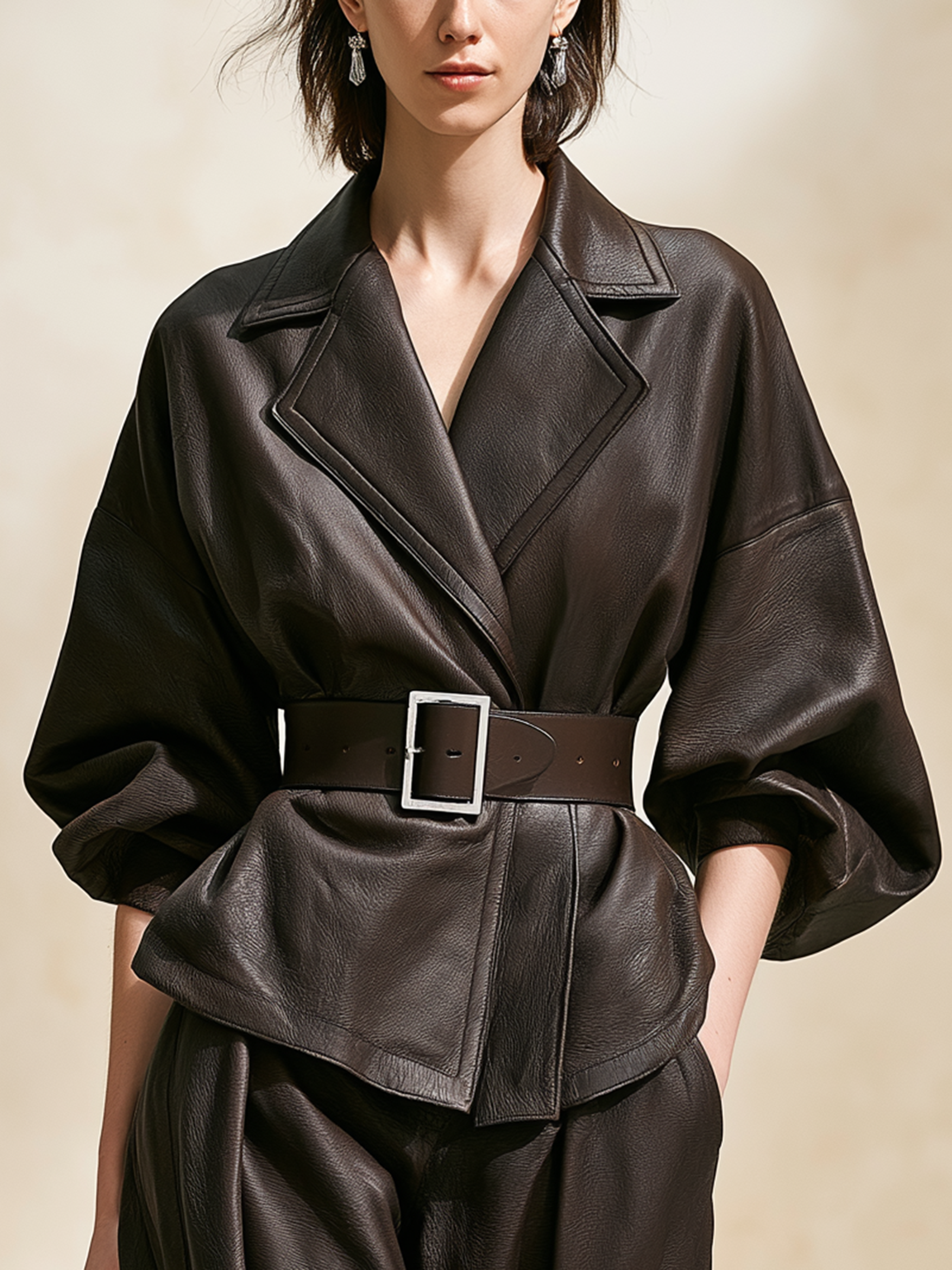 Vintage Dark Brown Lapel Waist Bubble Sleeve Cropped Jacket