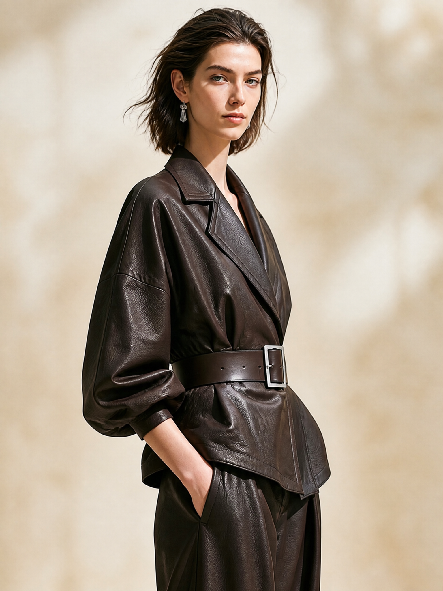 Vintage Dark Brown Lapel Waist Bubble Sleeve Cropped Jacket