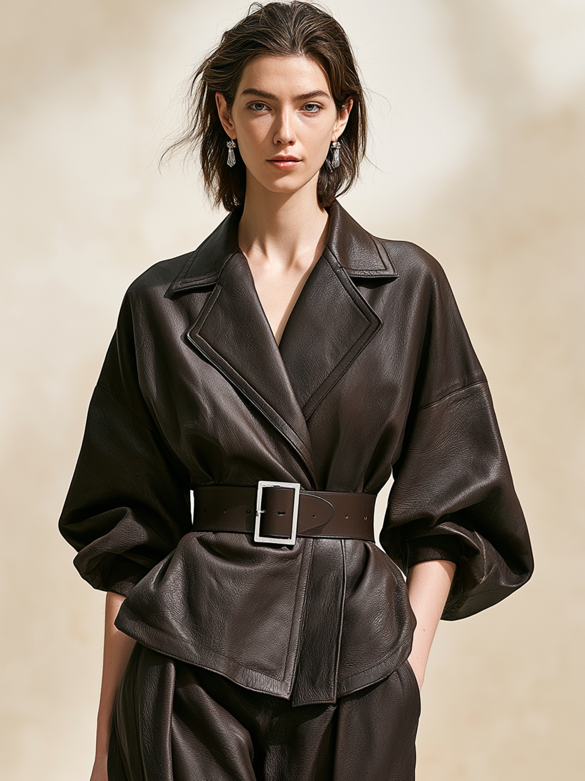 Vintage Dark Brown Lapel Waist Bubble Sleeve Cropped Jacket