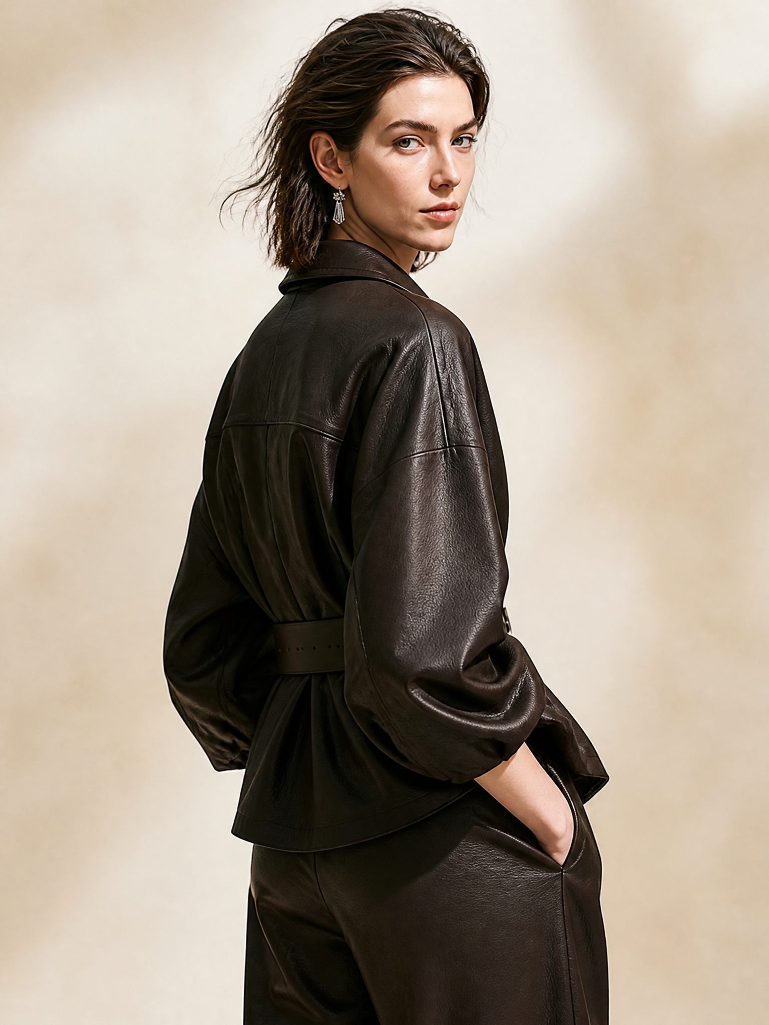 Vintage Dark Brown Lapel Waist Bubble Sleeve Cropped Jacket