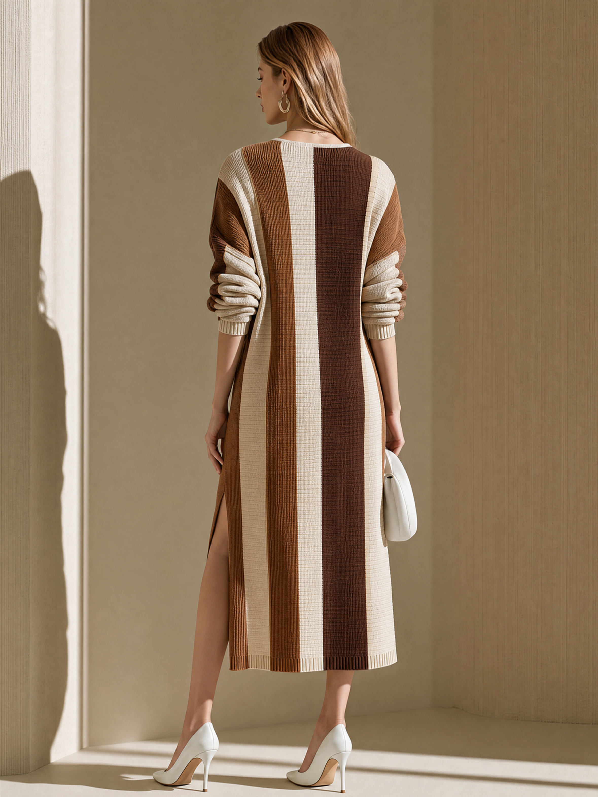 Elegant Brown & Beige Contrast Stripe Ribbed Knit Midi Dress