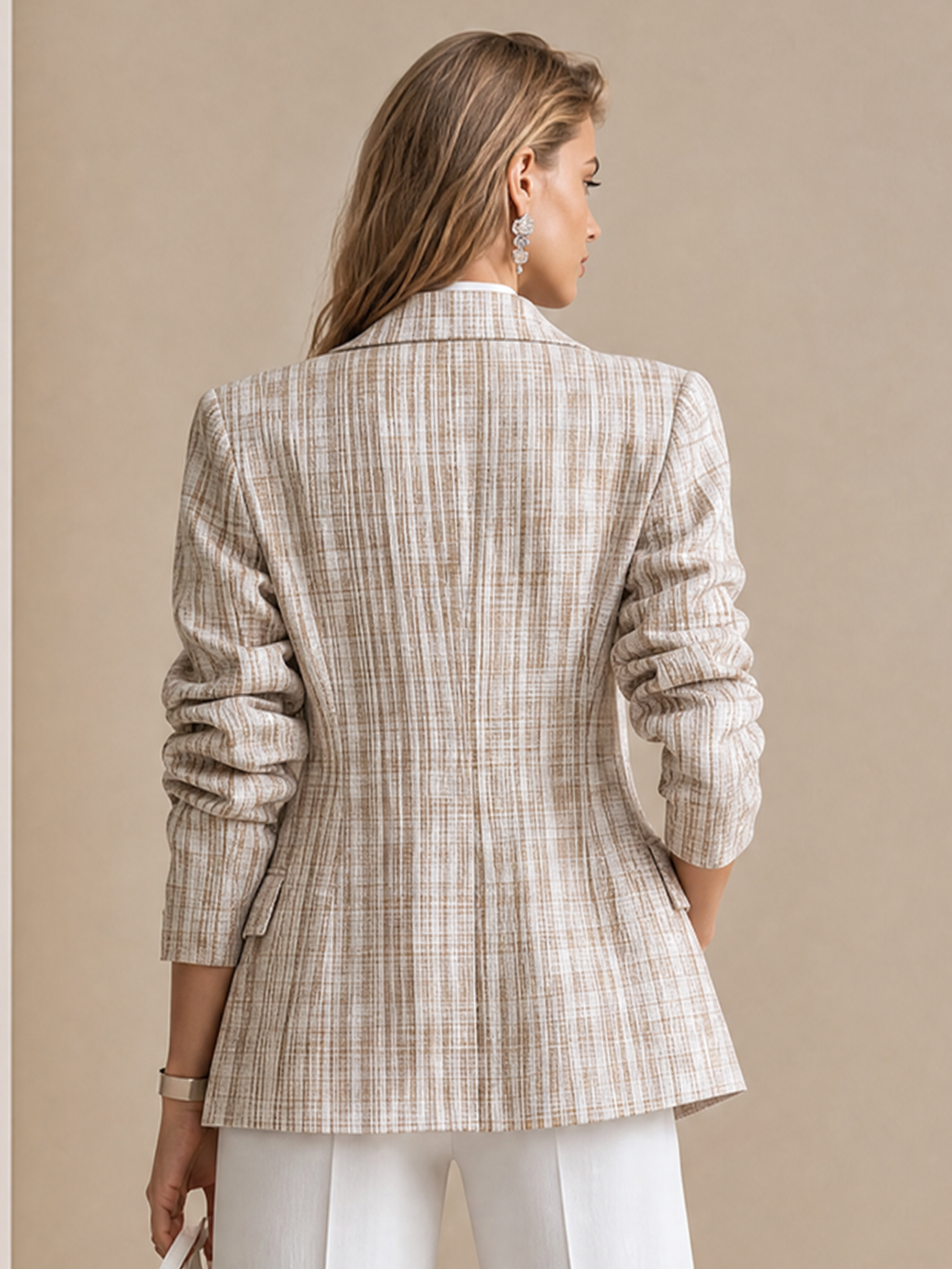 Elegant Beige Grey Textured Tailored Blazer Jacket