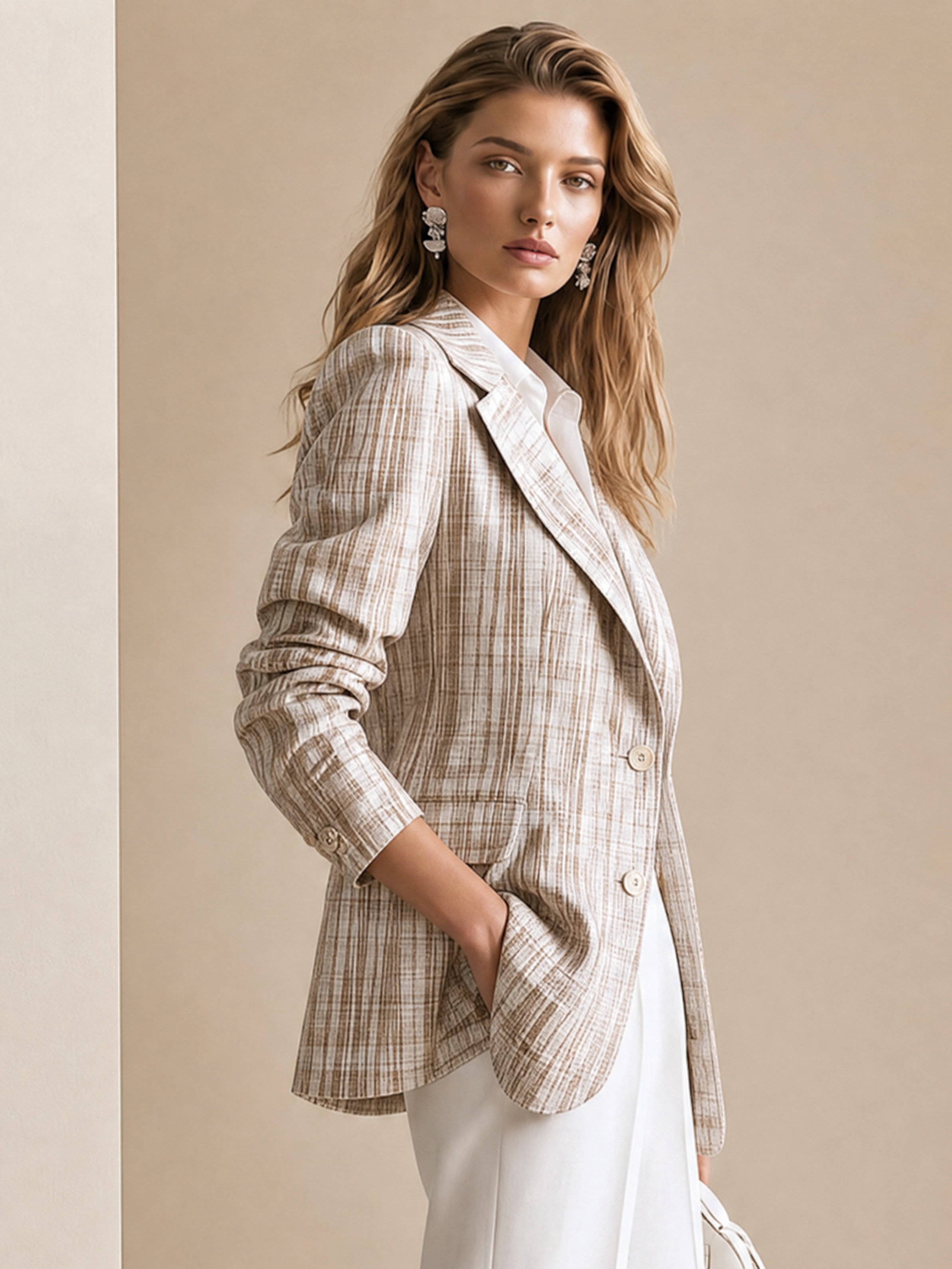 Elegant Beige Grey Textured Tailored Blazer Jacket