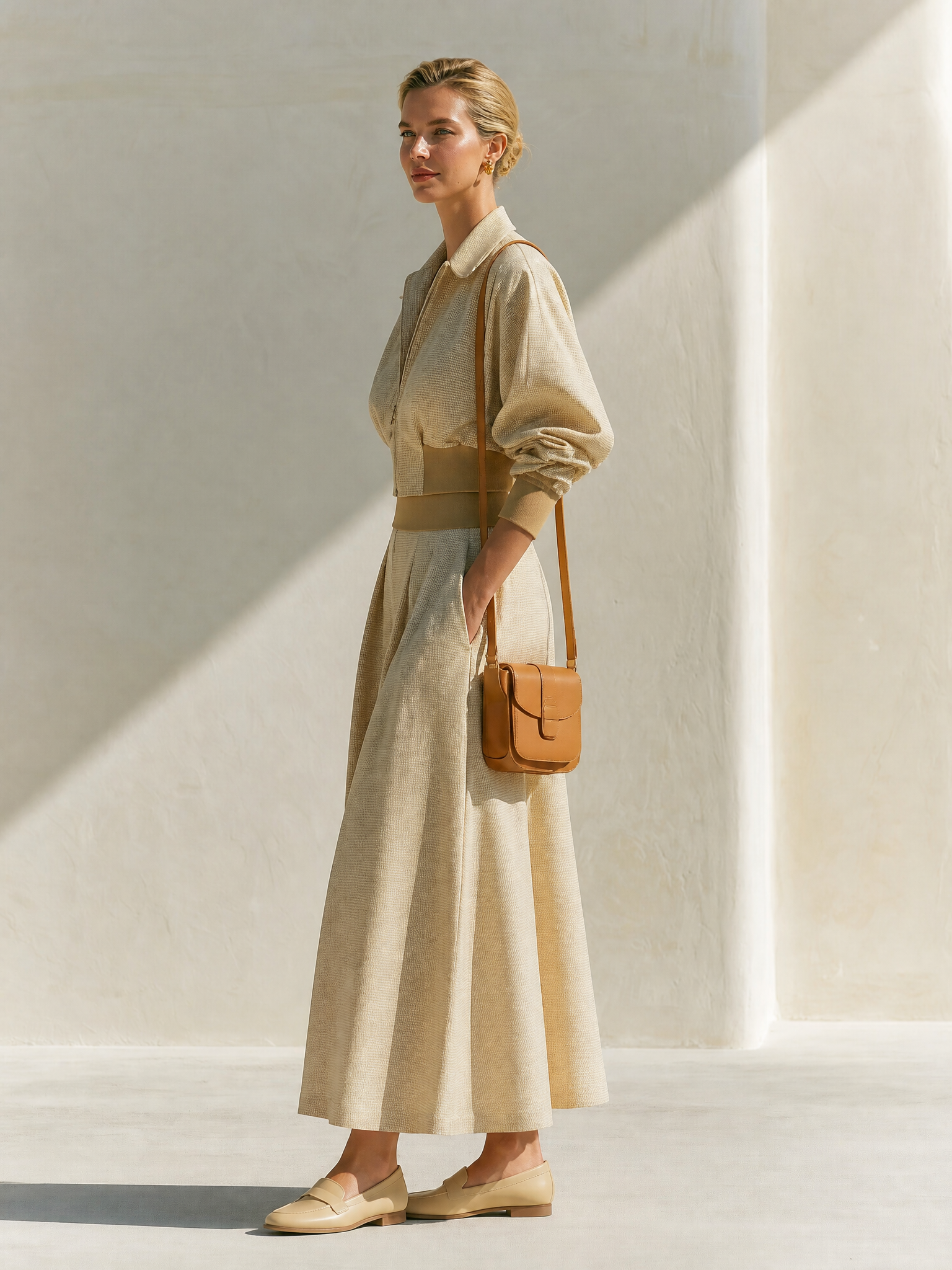 Elegant Relaxed Light Beige Collar Zip Waist Crop Jacket Maxi Skirt Set