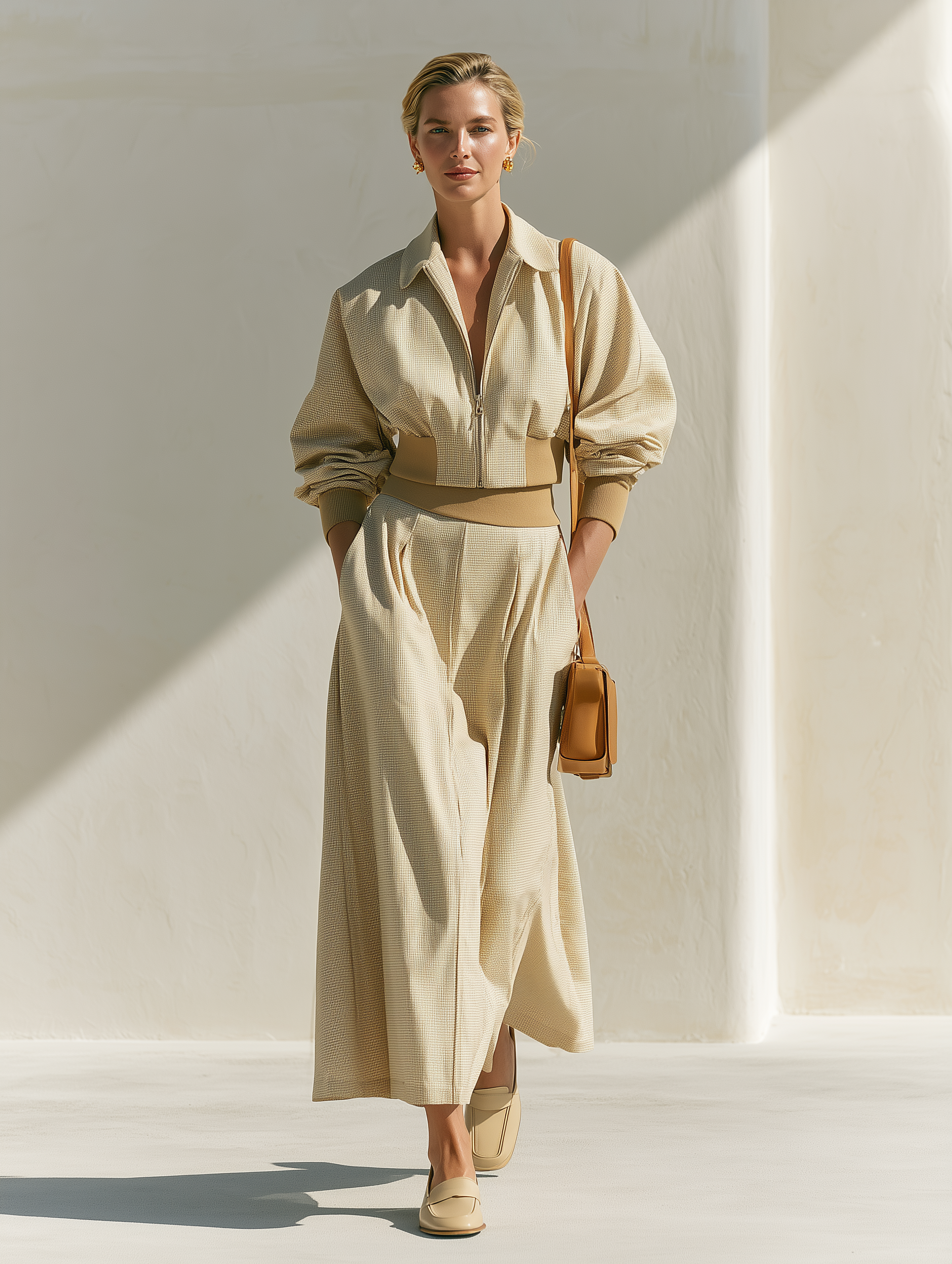 Elegant Relaxed Light Beige Collar Zip Waist Crop Jacket Maxi Skirt Set