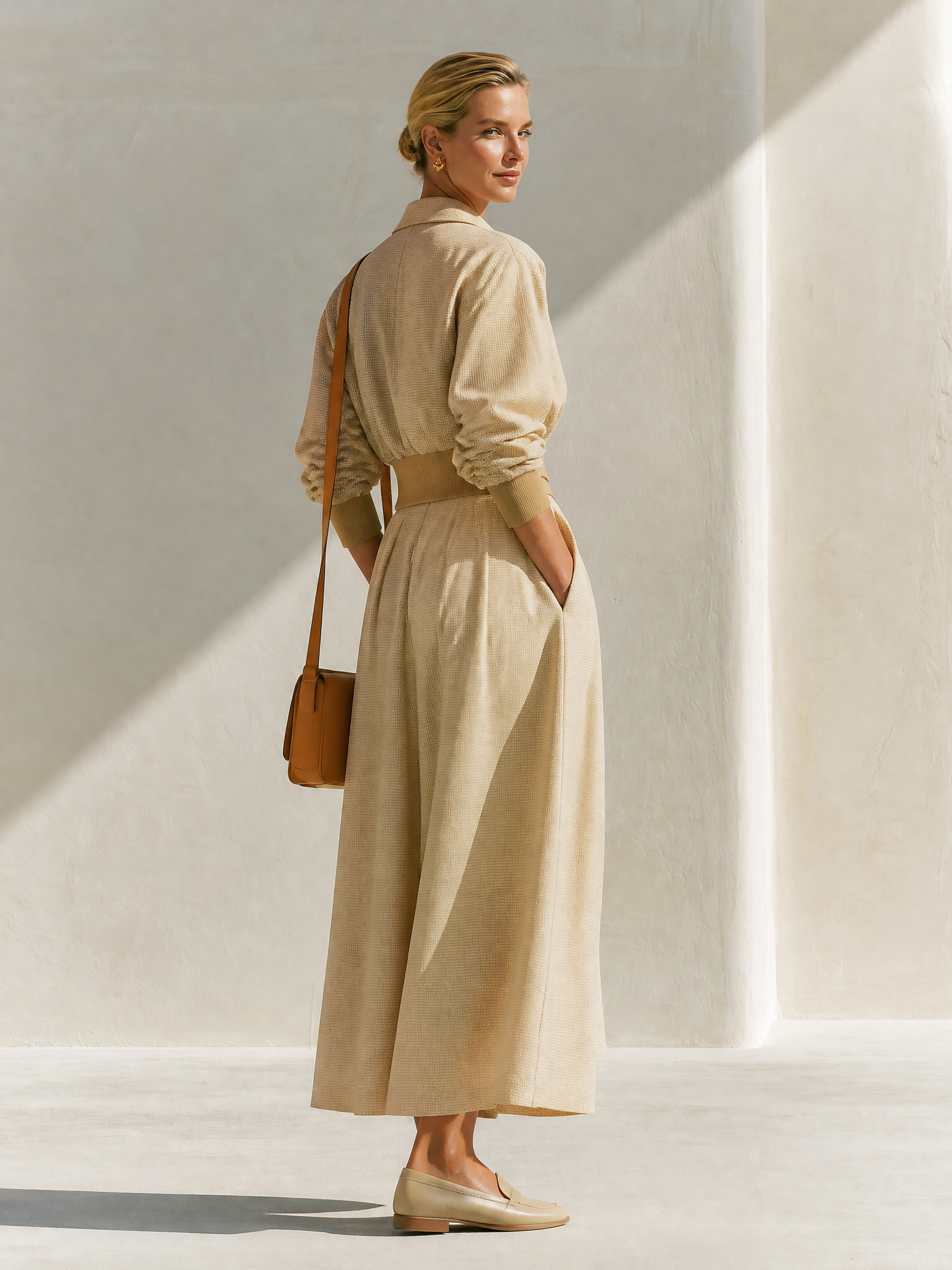 Elegant Relaxed Light Beige Collar Zip Waist Crop Jacket Maxi Skirt Set