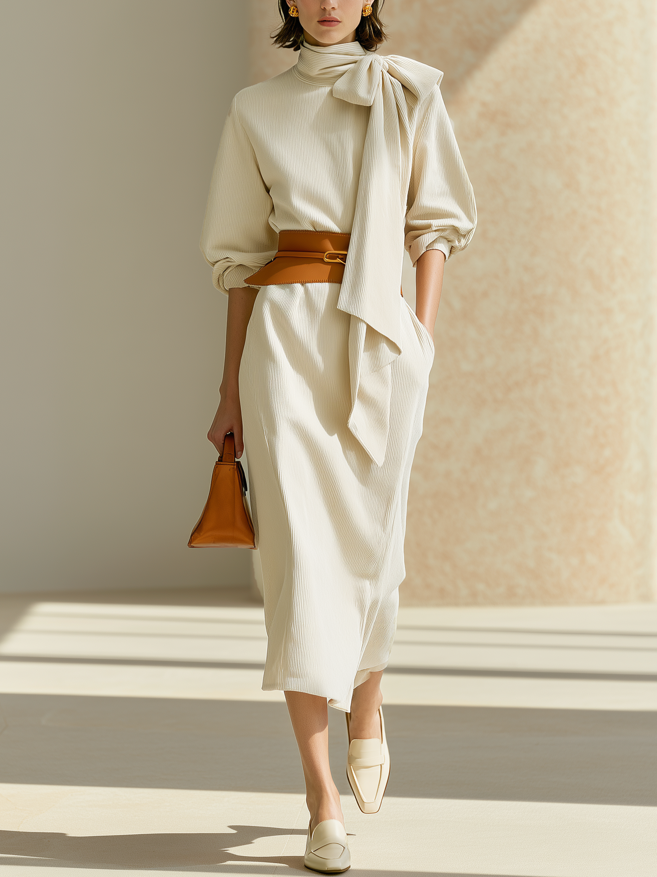 Elegant Relaxed Cream Turtleneck Waisted Corduroy Midi Dress