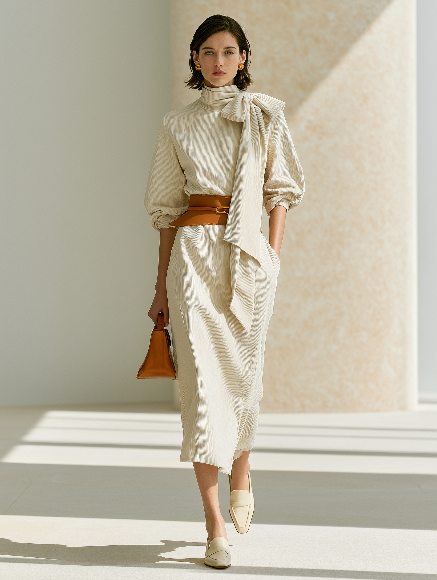 Elegant Relaxed Cream Turtleneck Waisted Corduroy Midi Dress