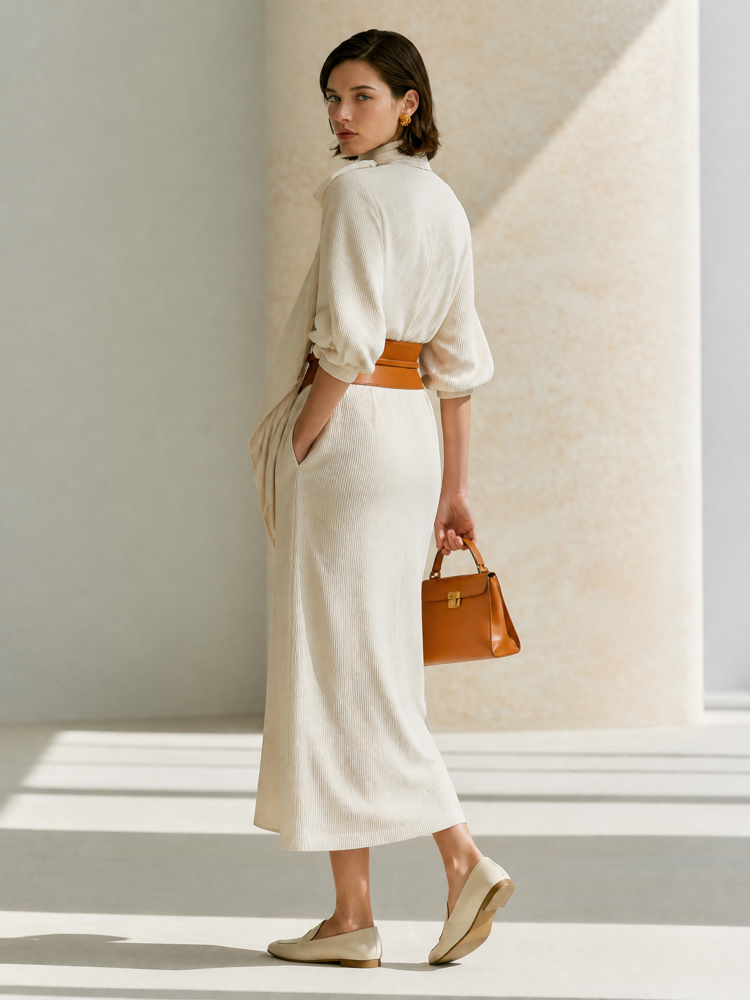 Elegant Relaxed Cream Turtleneck Waisted Corduroy Midi Dress