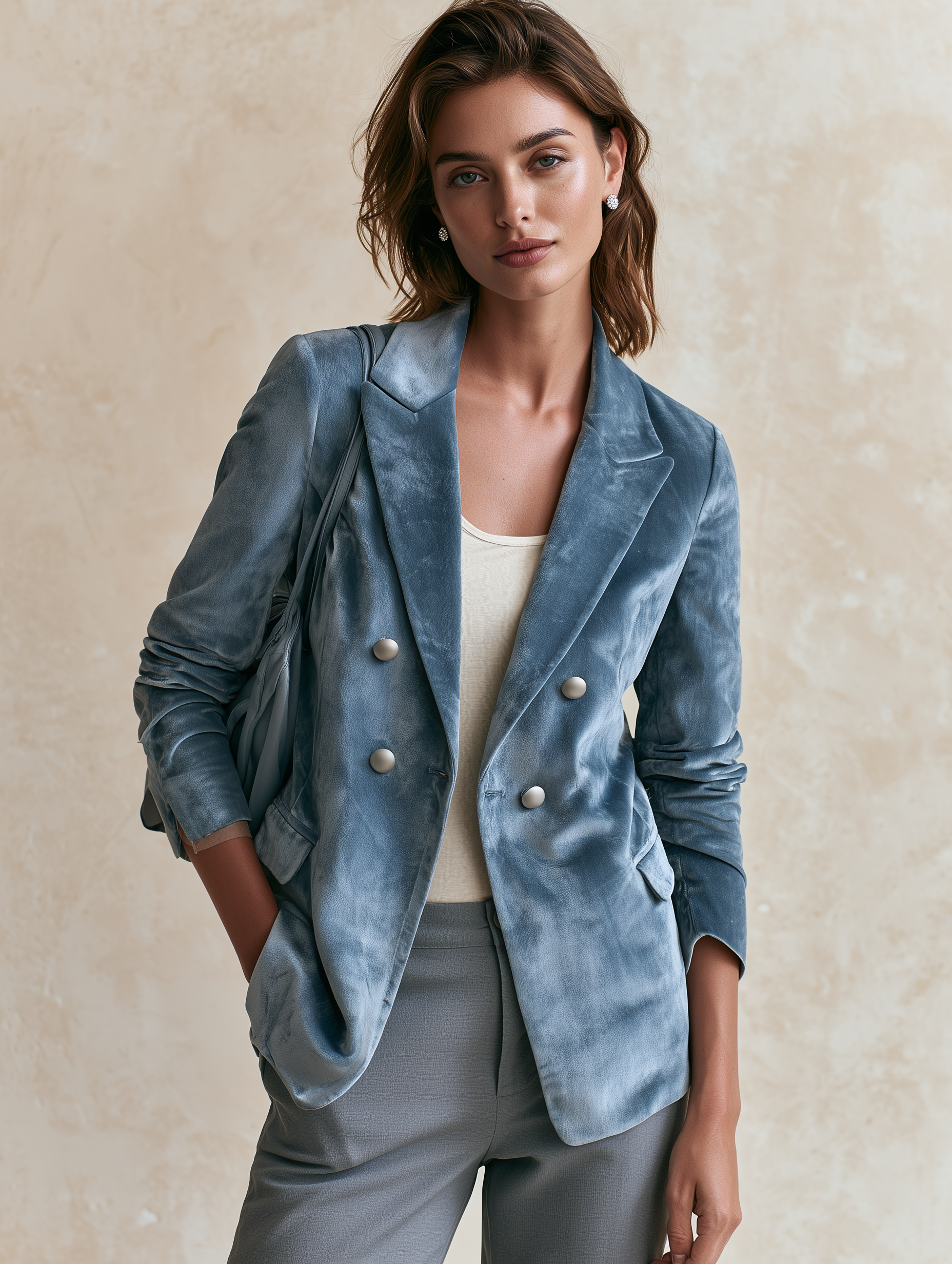 Elegant Haze Blue Velvet Double Button Blazer