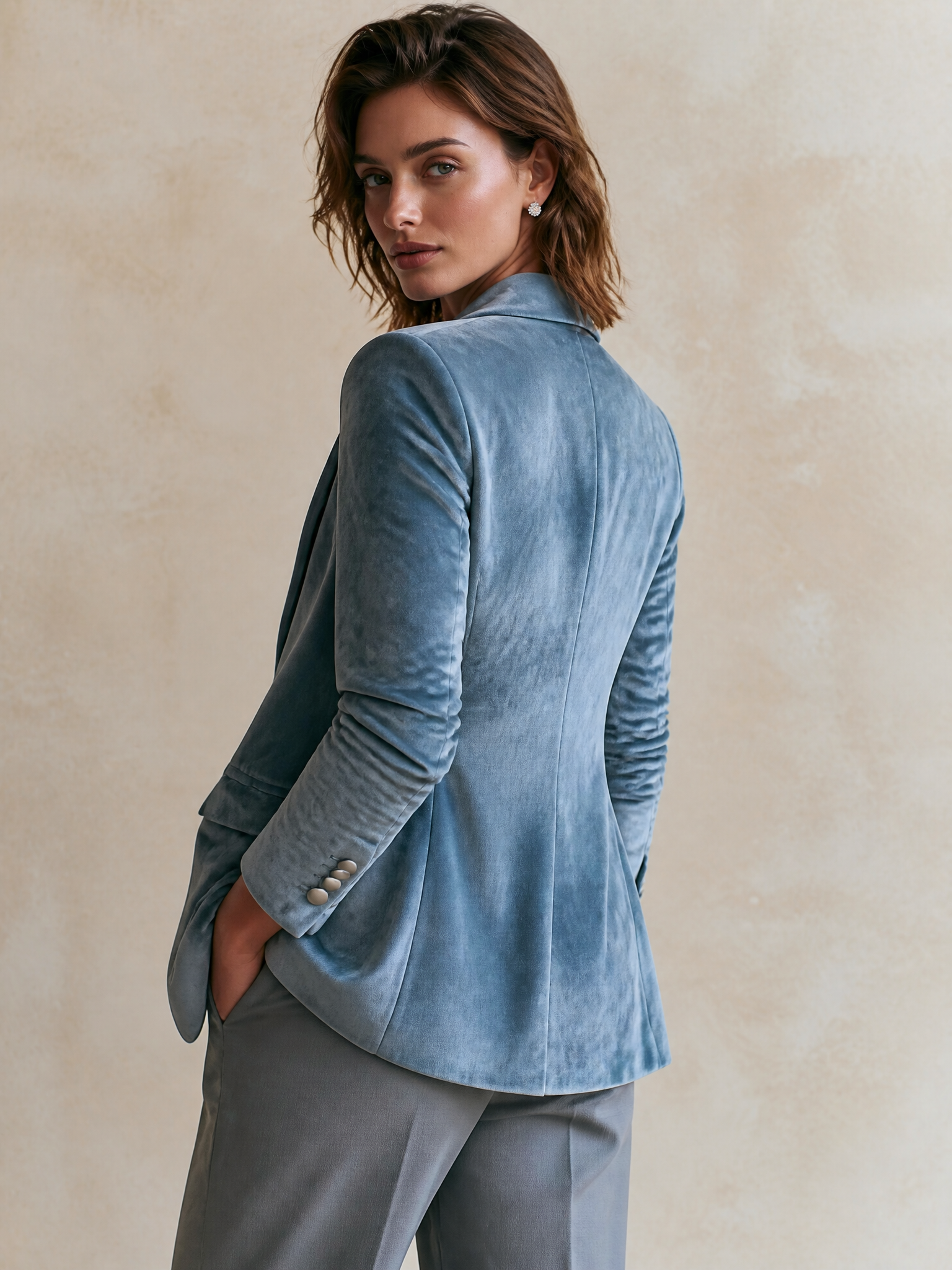 Elegant Haze Blue Velvet Double Button Blazer