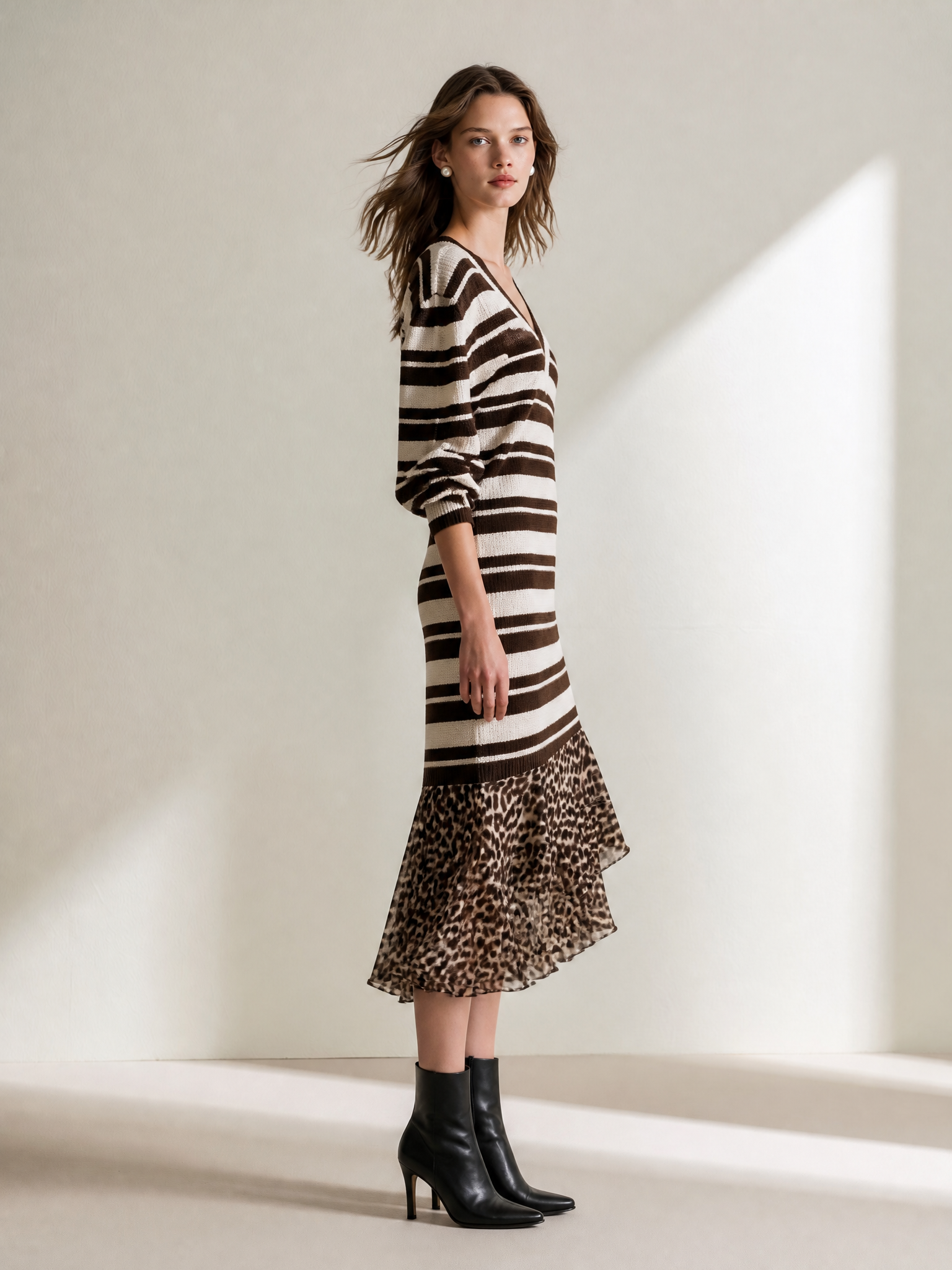 Elegant Relaxed Coffee White Stripe V Knit Spliced Leopard Ruffle Midi Dress