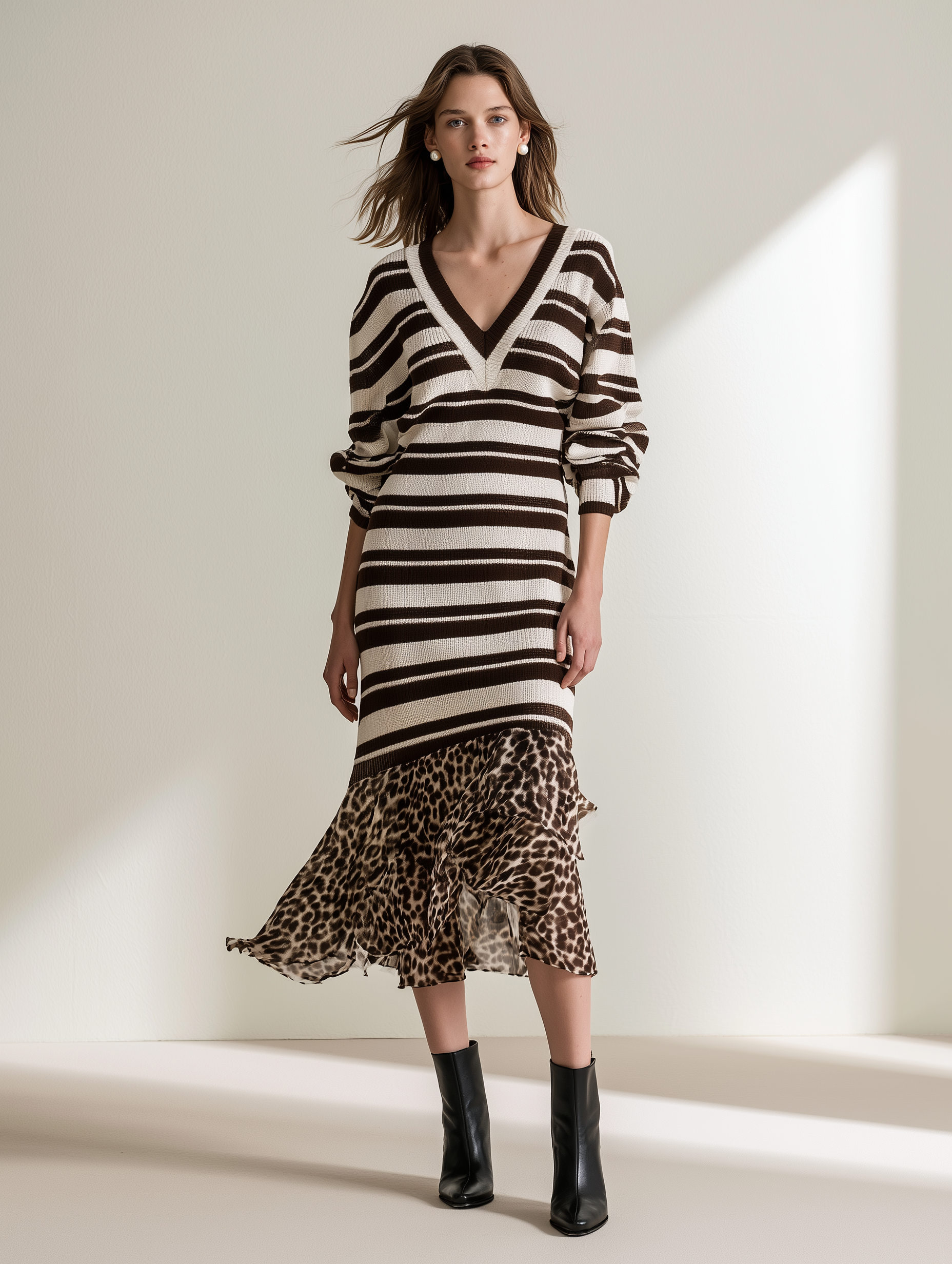 Elegant Relaxed Coffee White Stripe V Knit Spliced Leopard Ruffle Midi Dress