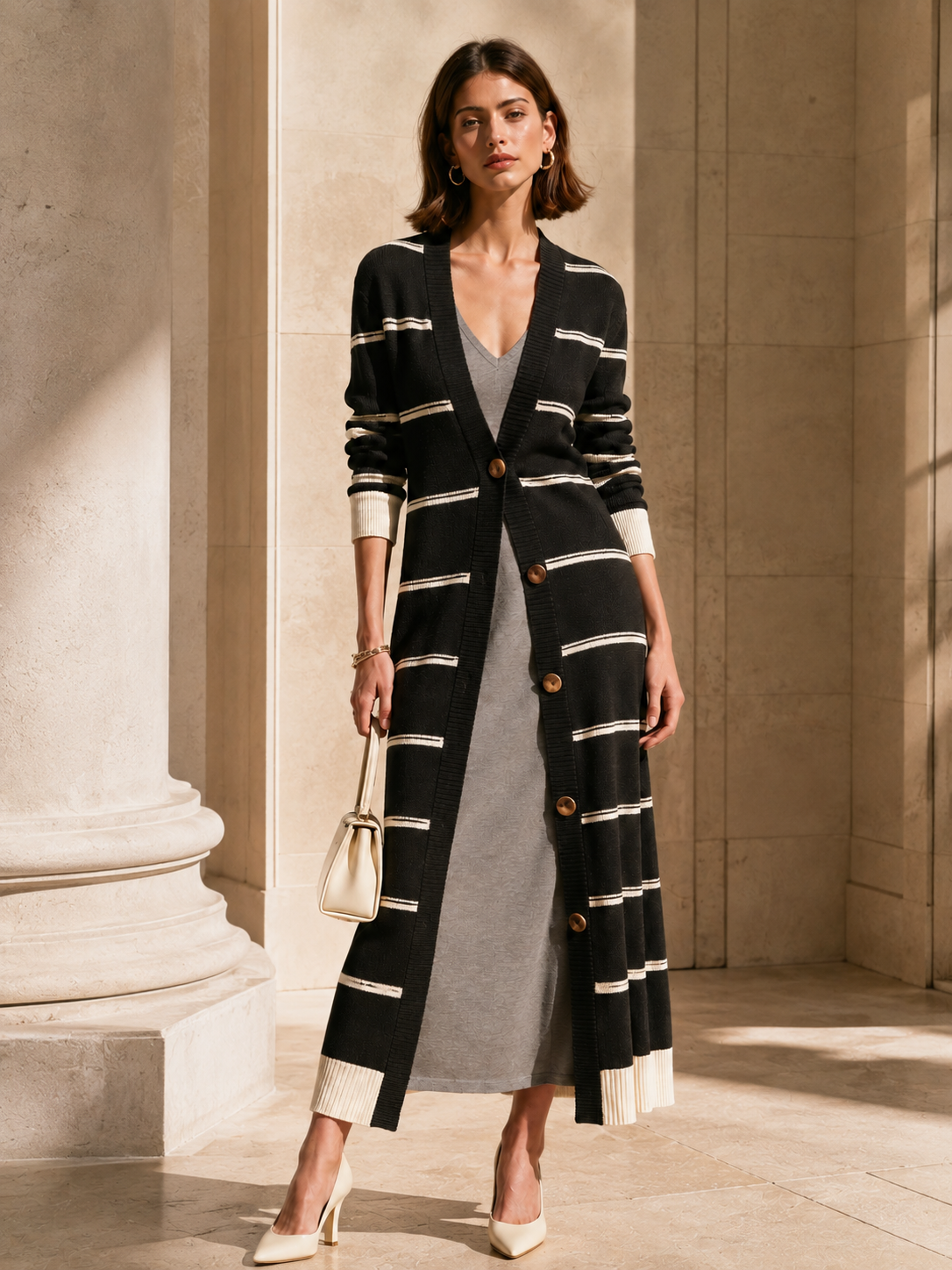 Black And White Color-Block Striped Long Knit Cardigan