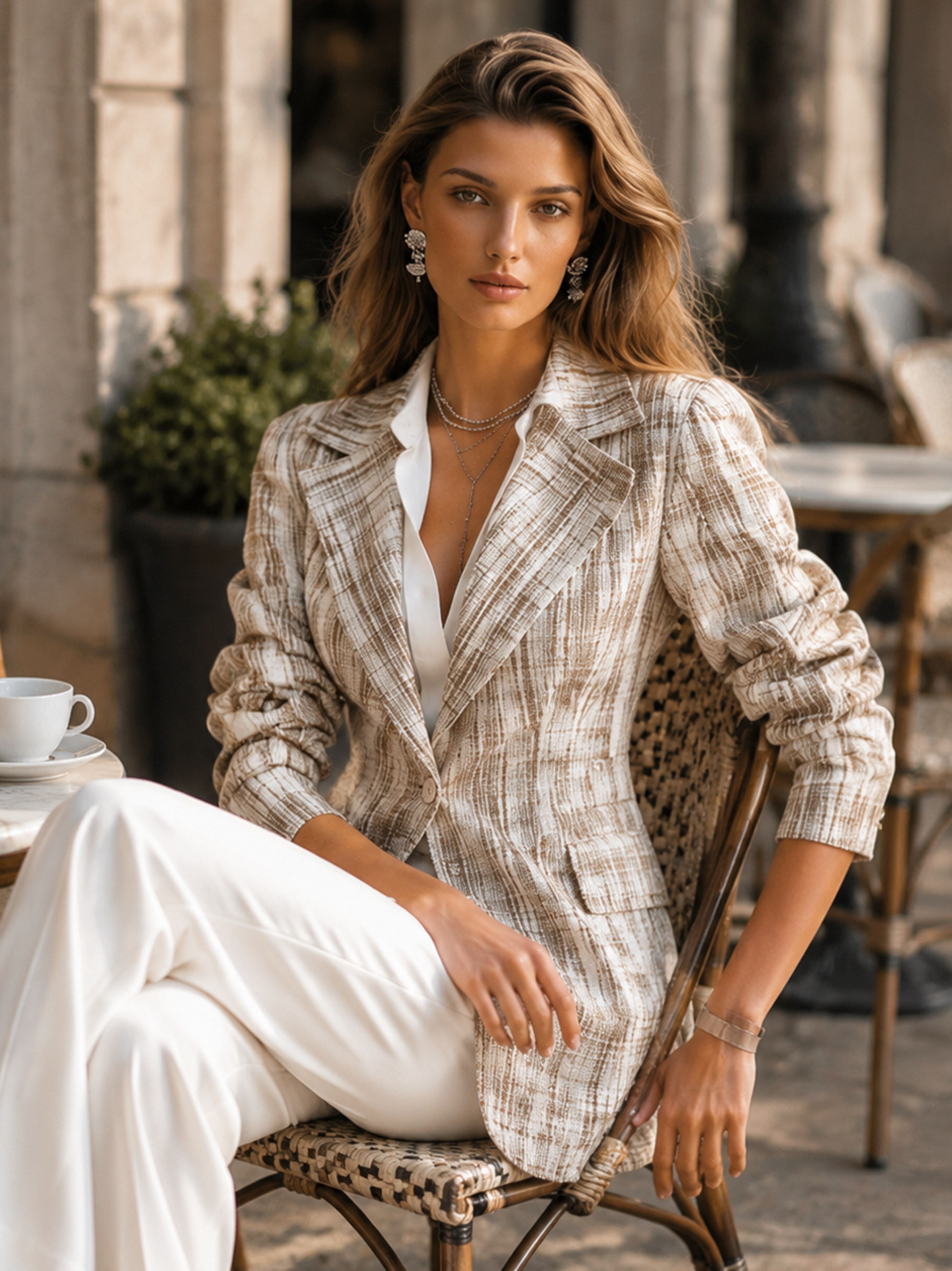 Elegant Beige Grey Textured Tailored Blazer Jacket