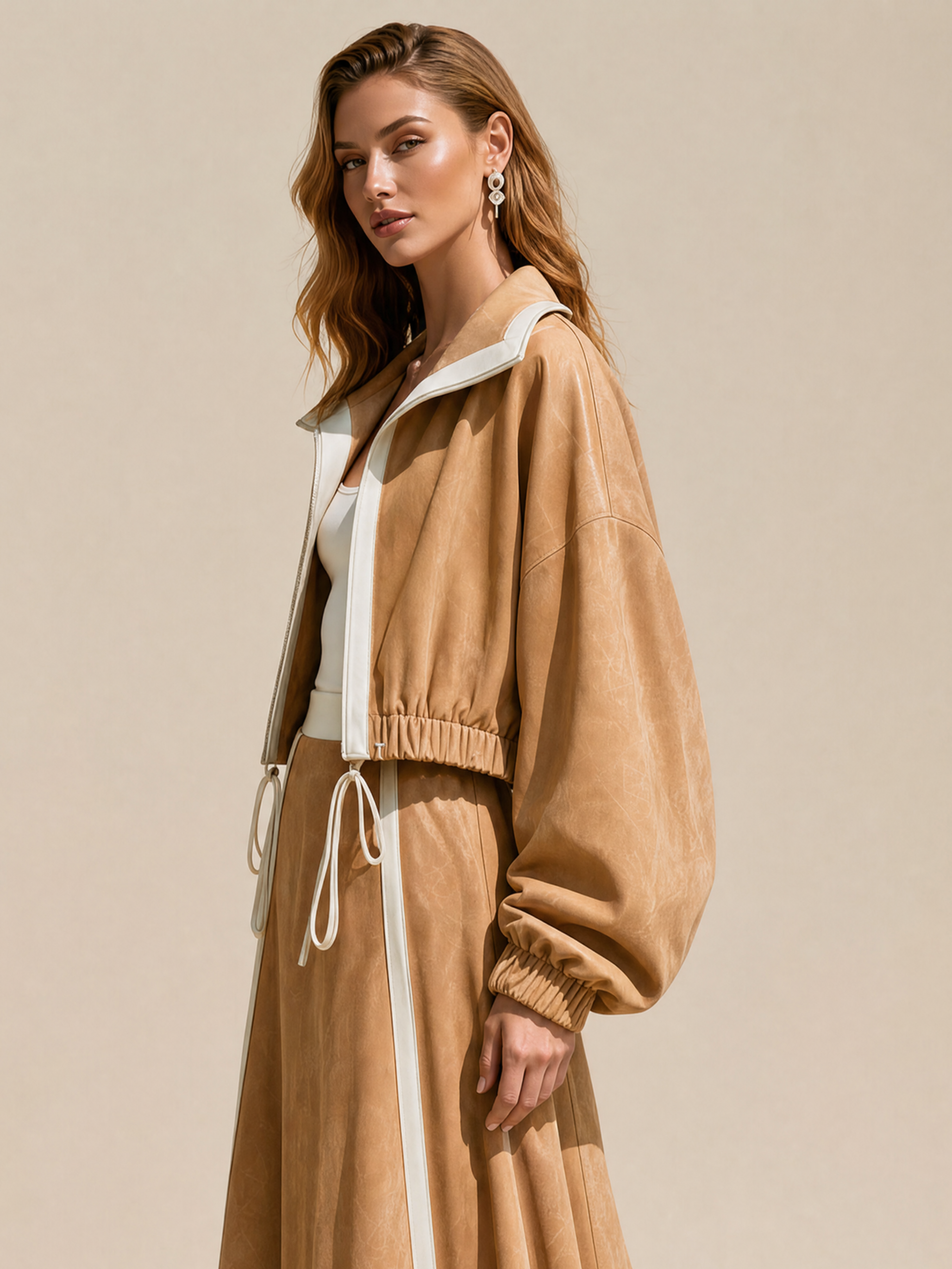 Elegant Khaki Suede Jacket With White Contrast Piping Detail