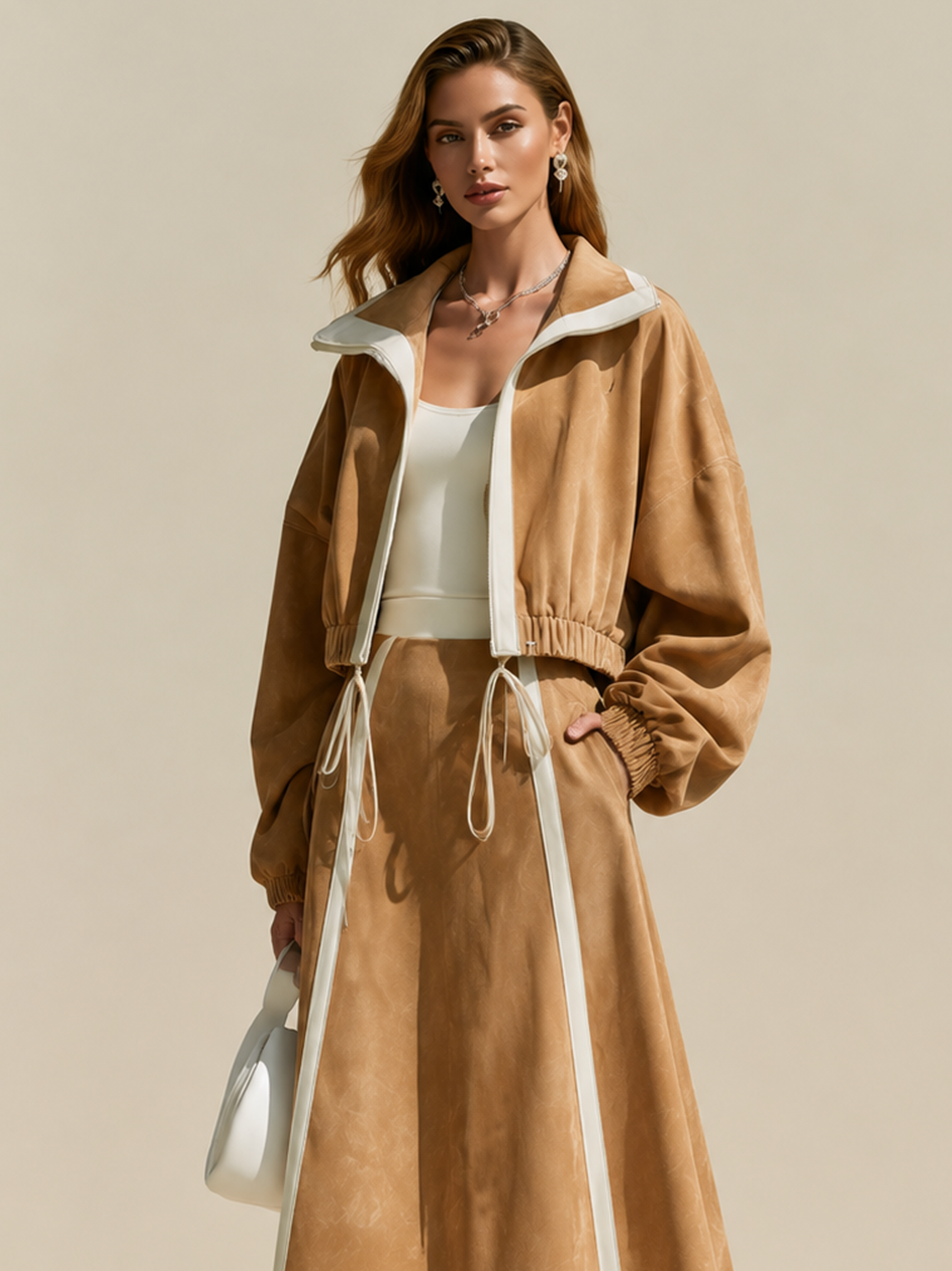 Elegant Khaki Suede Jacket With White Contrast Piping Detail