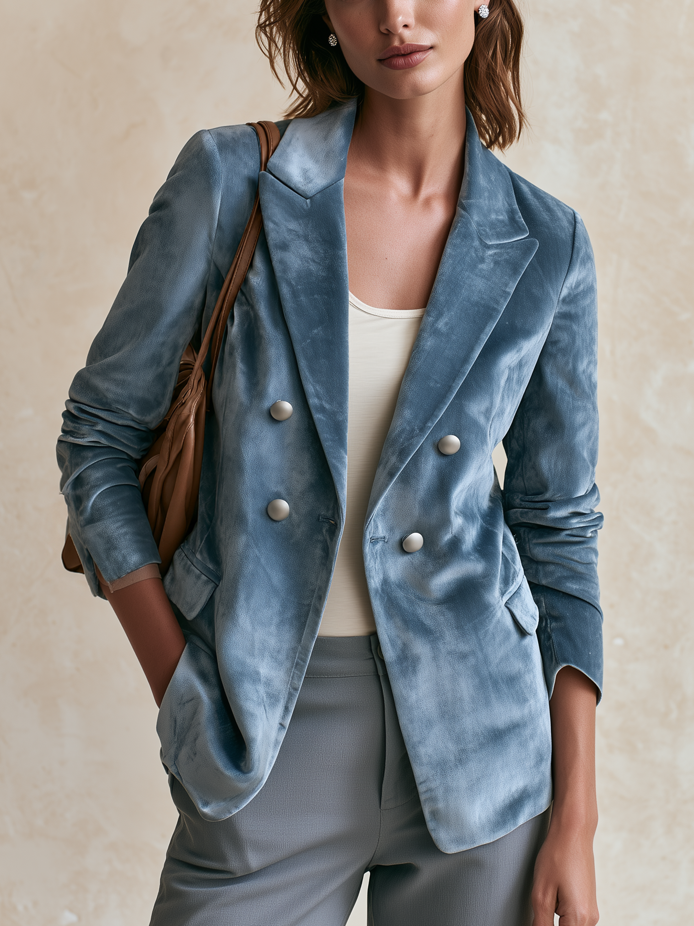 Elegant Haze Blue Velvet Double Button Blazer
